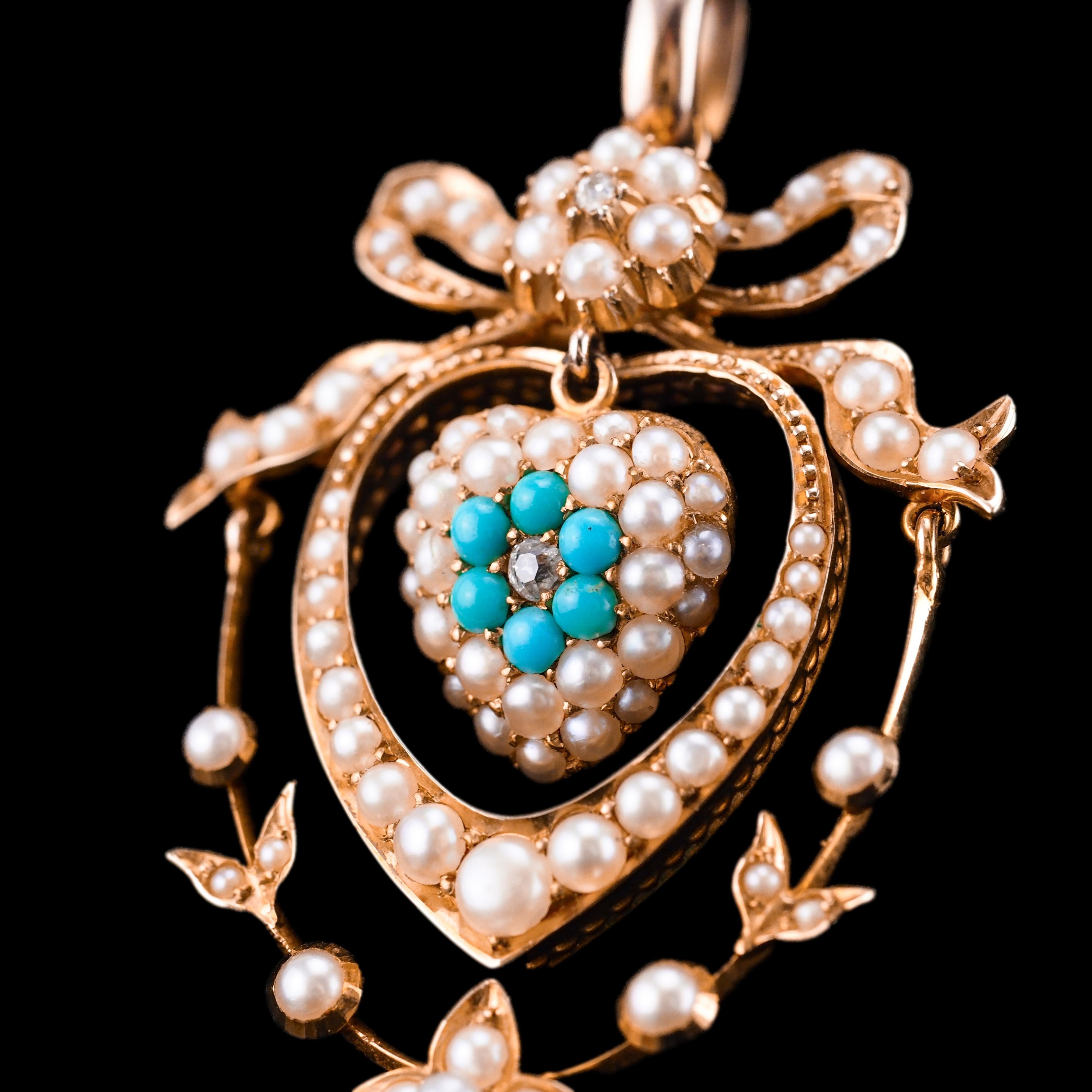 Antique Edwardian 15K Gold Turquoise Diamond & Seed Pearl Pendant Necklace c1910 For Sale 5