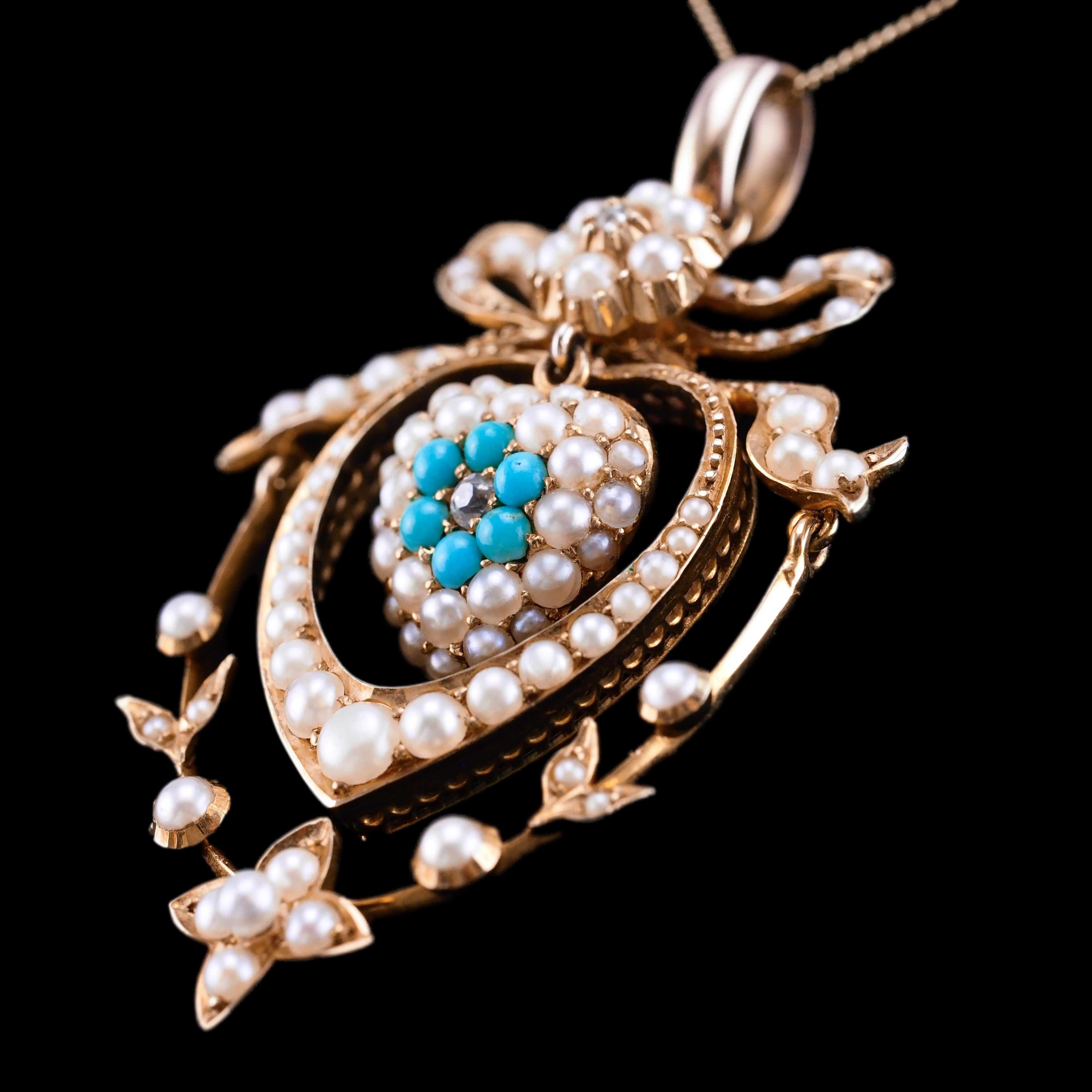 Antique Edwardian 15K Gold Turquoise Diamond & Seed Pearl Pendant Necklace c1910 For Sale 6