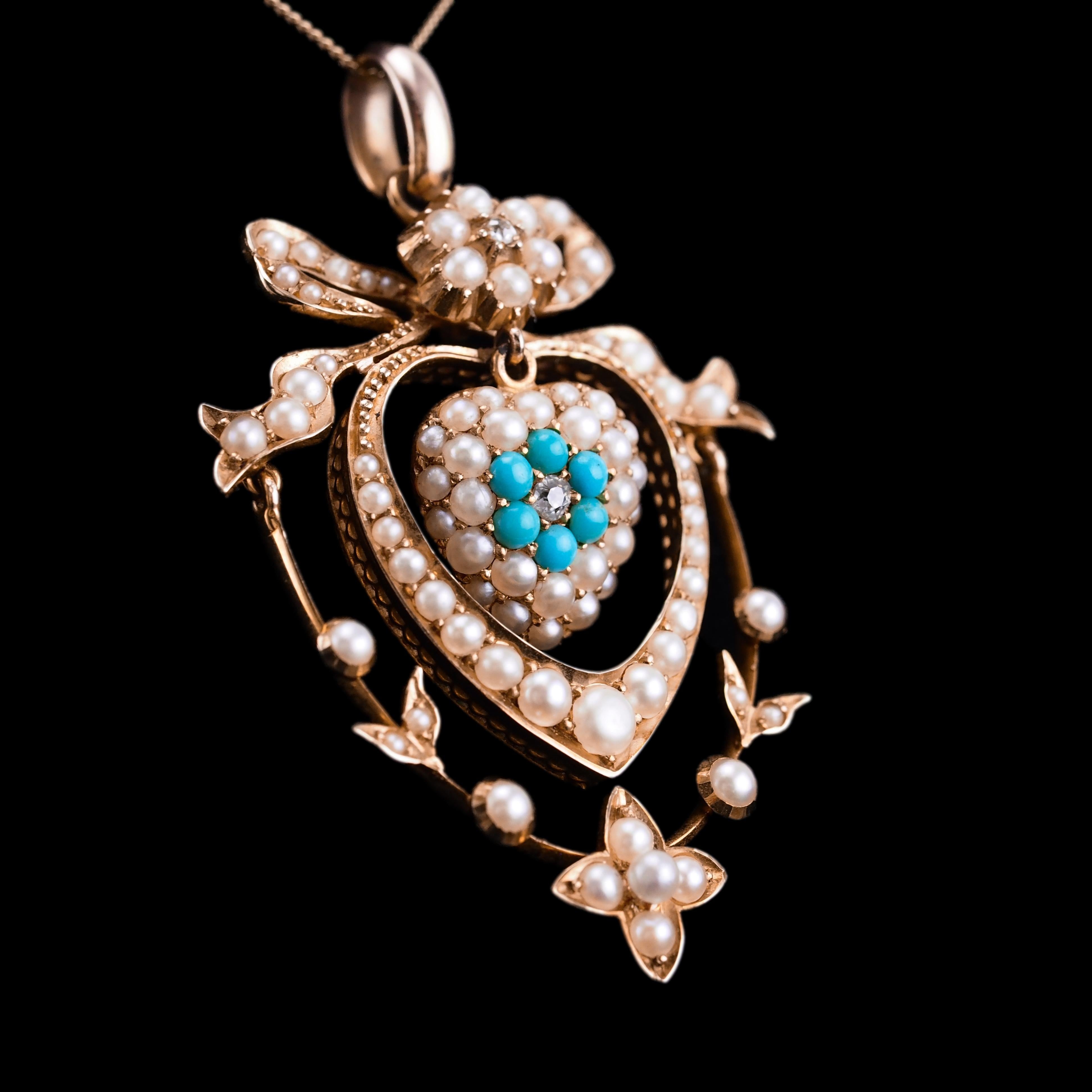 Antique Edwardian 15K Gold Turquoise Diamond & Seed Pearl Pendant Necklace c1910 For Sale 7