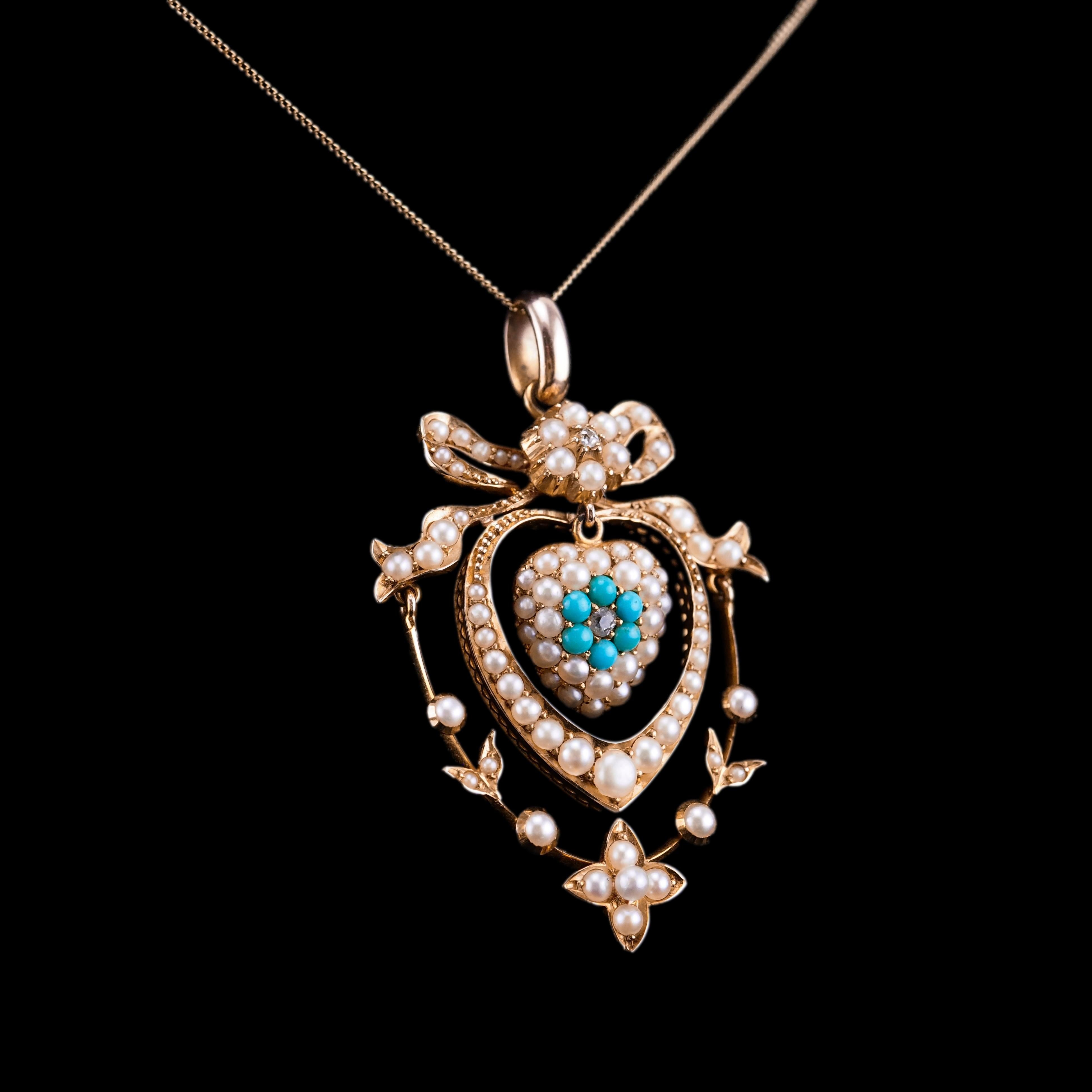 Antique Edwardian 15K Gold Turquoise Diamond & Seed Pearl Pendant Necklace c1910 For Sale 8