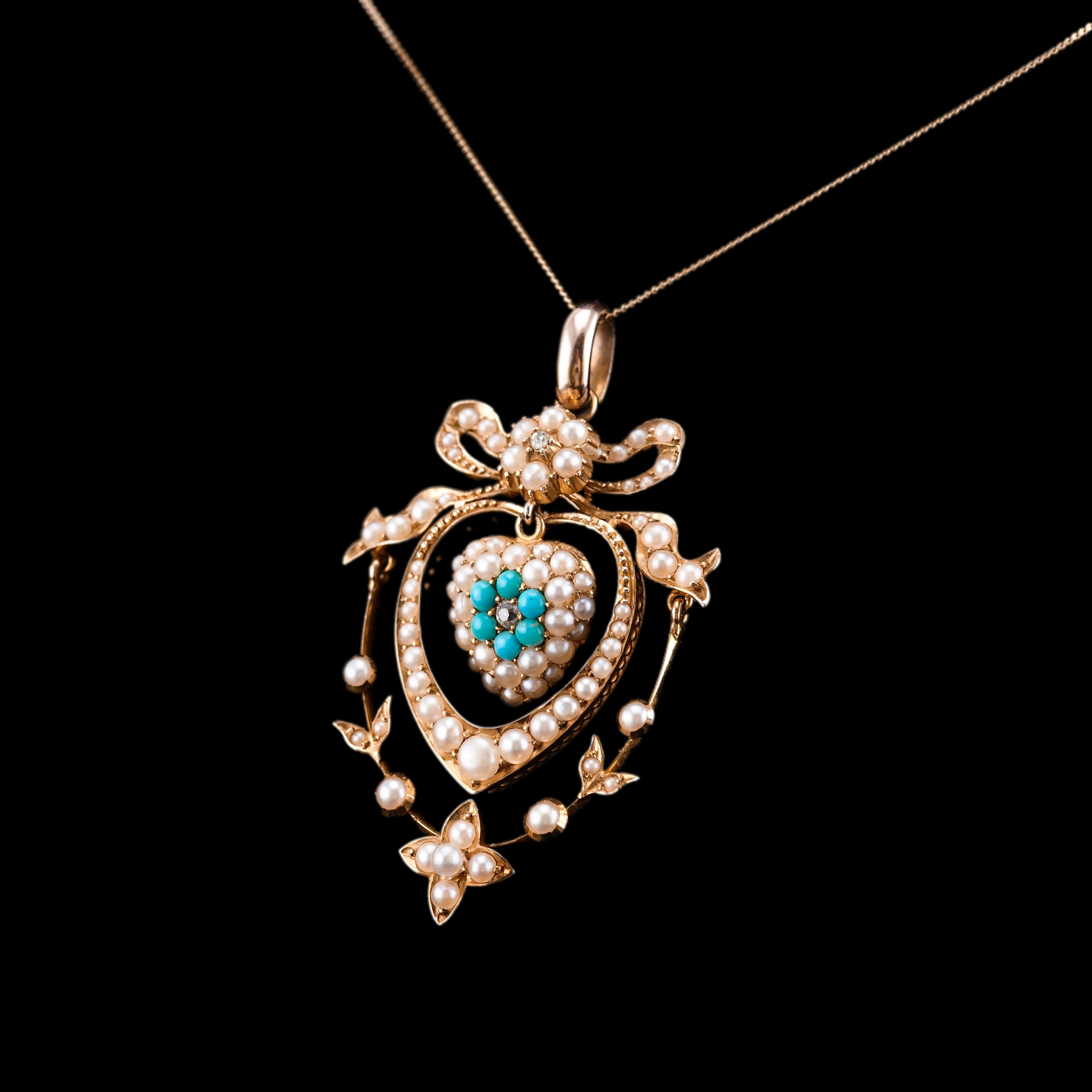 Antique Edwardian 15K Gold Turquoise Diamond & Seed Pearl Pendant Necklace c1910 For Sale 9