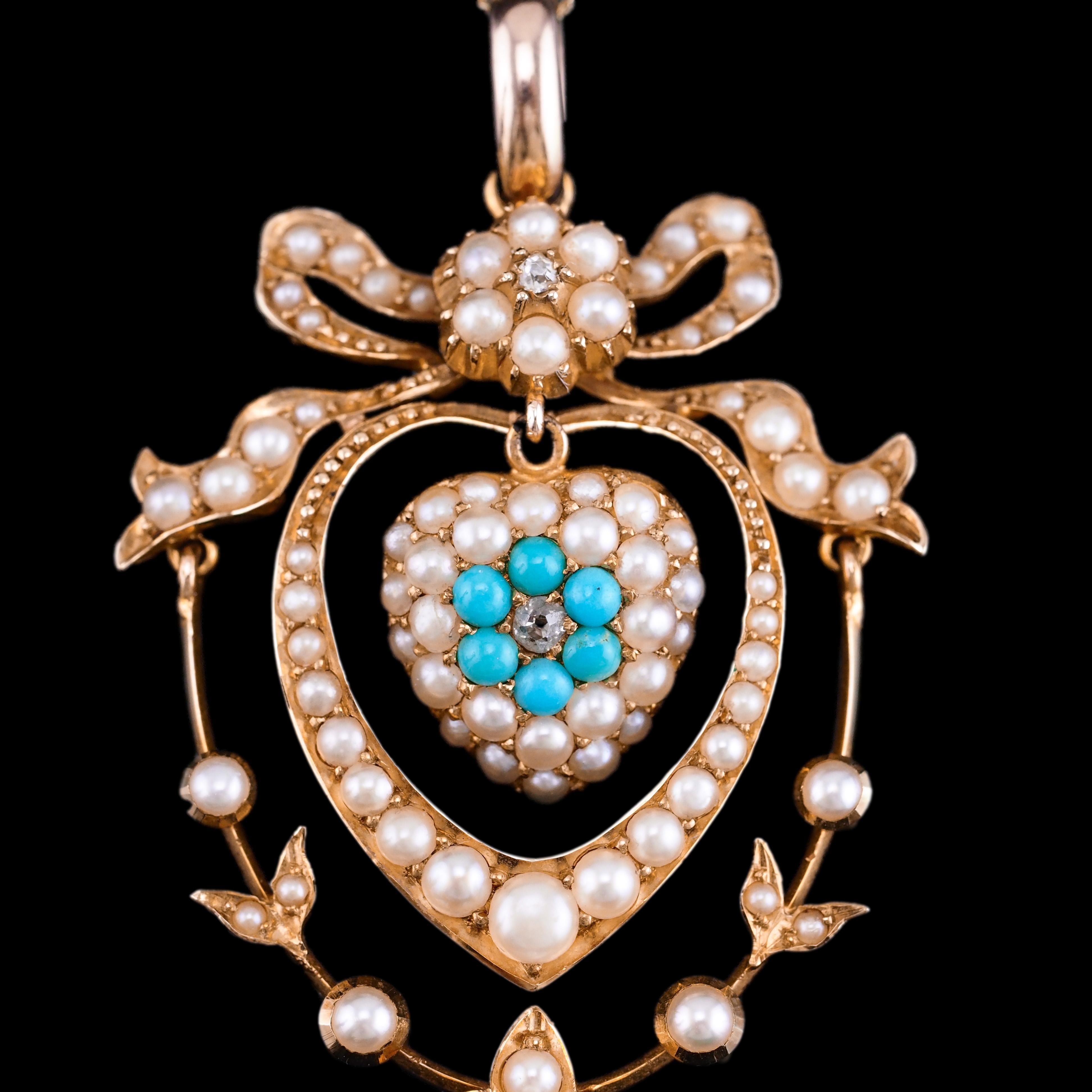 Antique Edwardian 15K Gold Turquoise Diamond & Seed Pearl Pendant Necklace c1910 For Sale 10