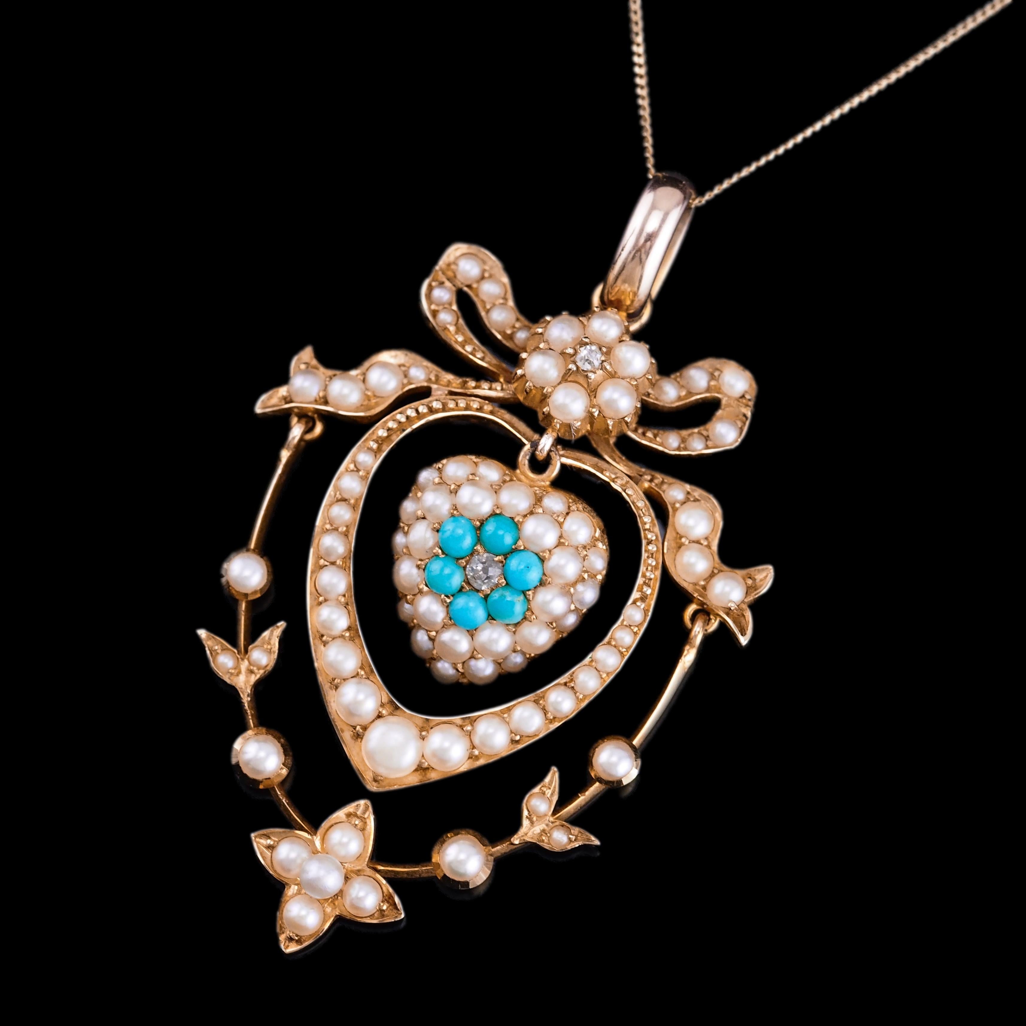 Antique Edwardian 15K Gold Turquoise Diamond & Seed Pearl Pendant Necklace c1910 For Sale 11