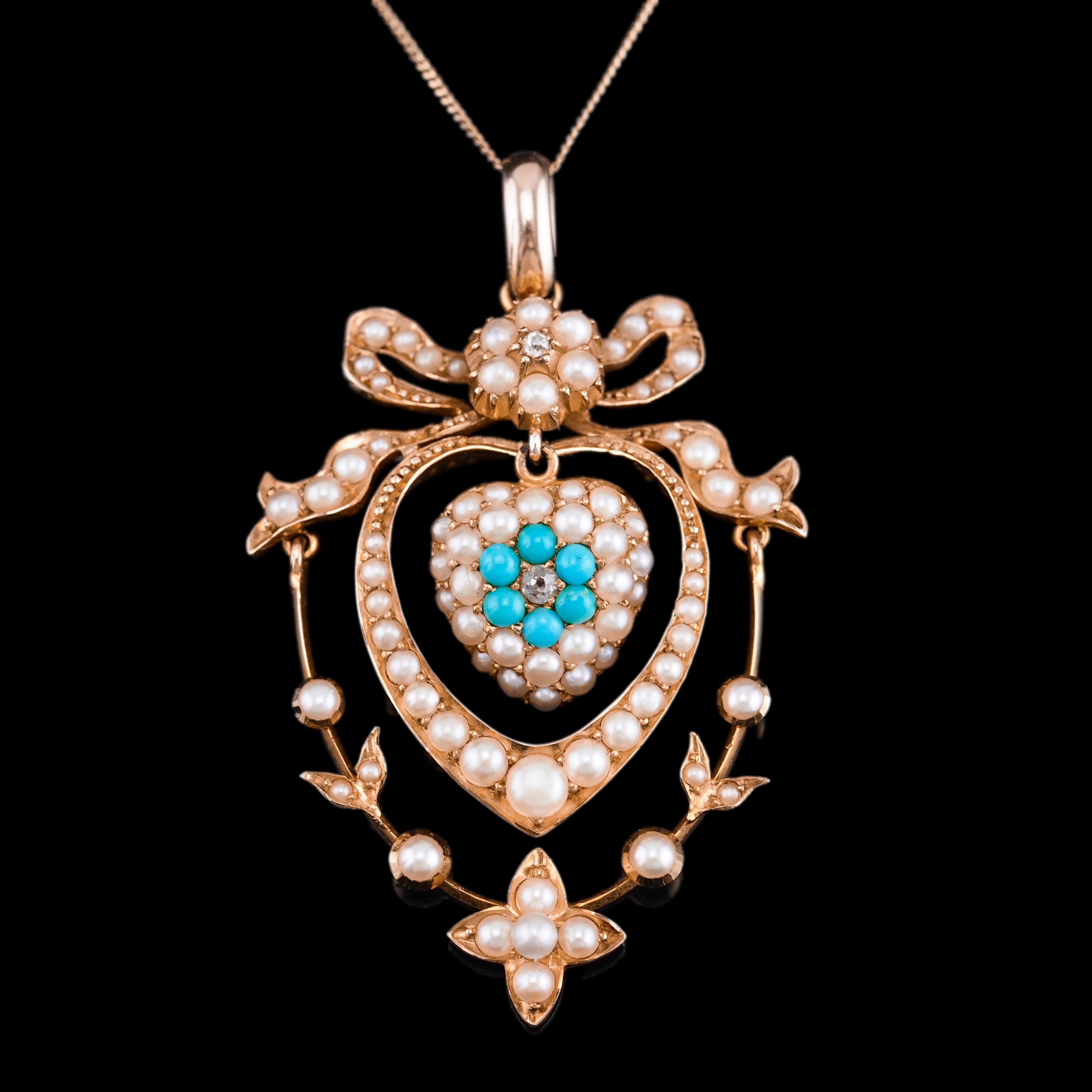 Antique Edwardian 15K Gold Turquoise Diamond & Seed Pearl Pendant Necklace c1910 In Good Condition For Sale In London, GB