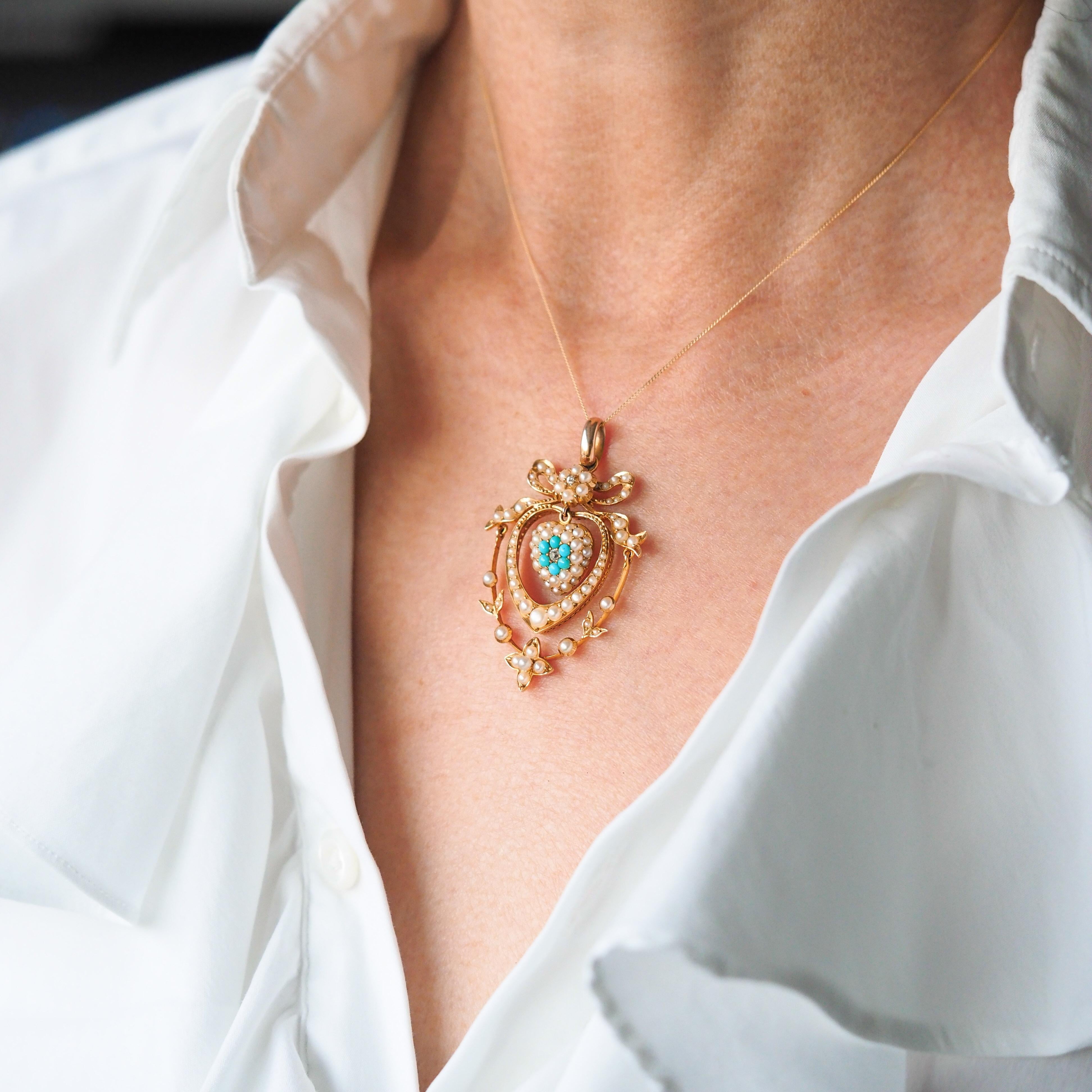 Antique Edwardian 15K Gold Turquoise Diamond & Seed Pearl Pendant Necklace c1910 For Sale 2