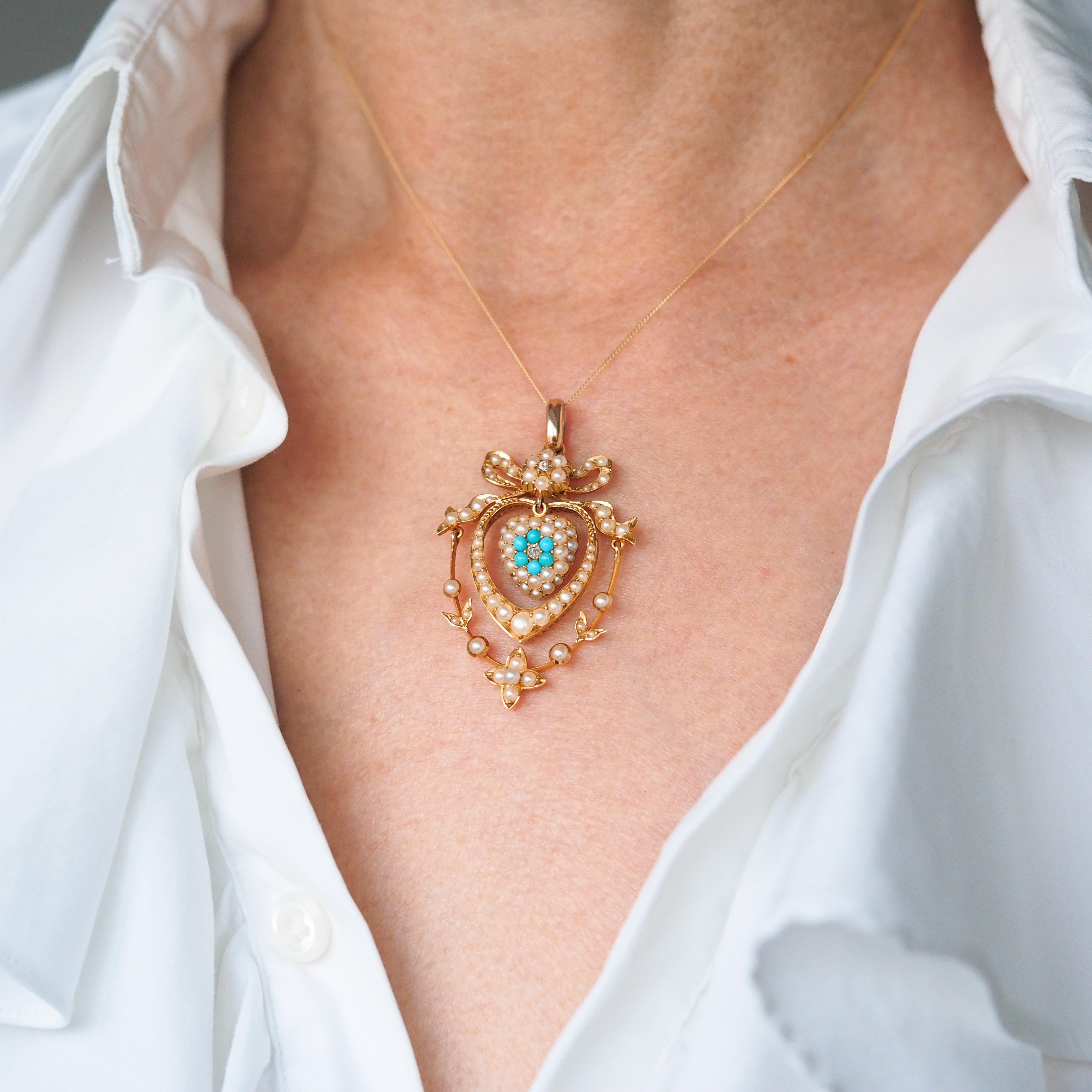 Antique Edwardian 15K Gold Turquoise Diamond & Seed Pearl Pendant Necklace c1910 For Sale 3