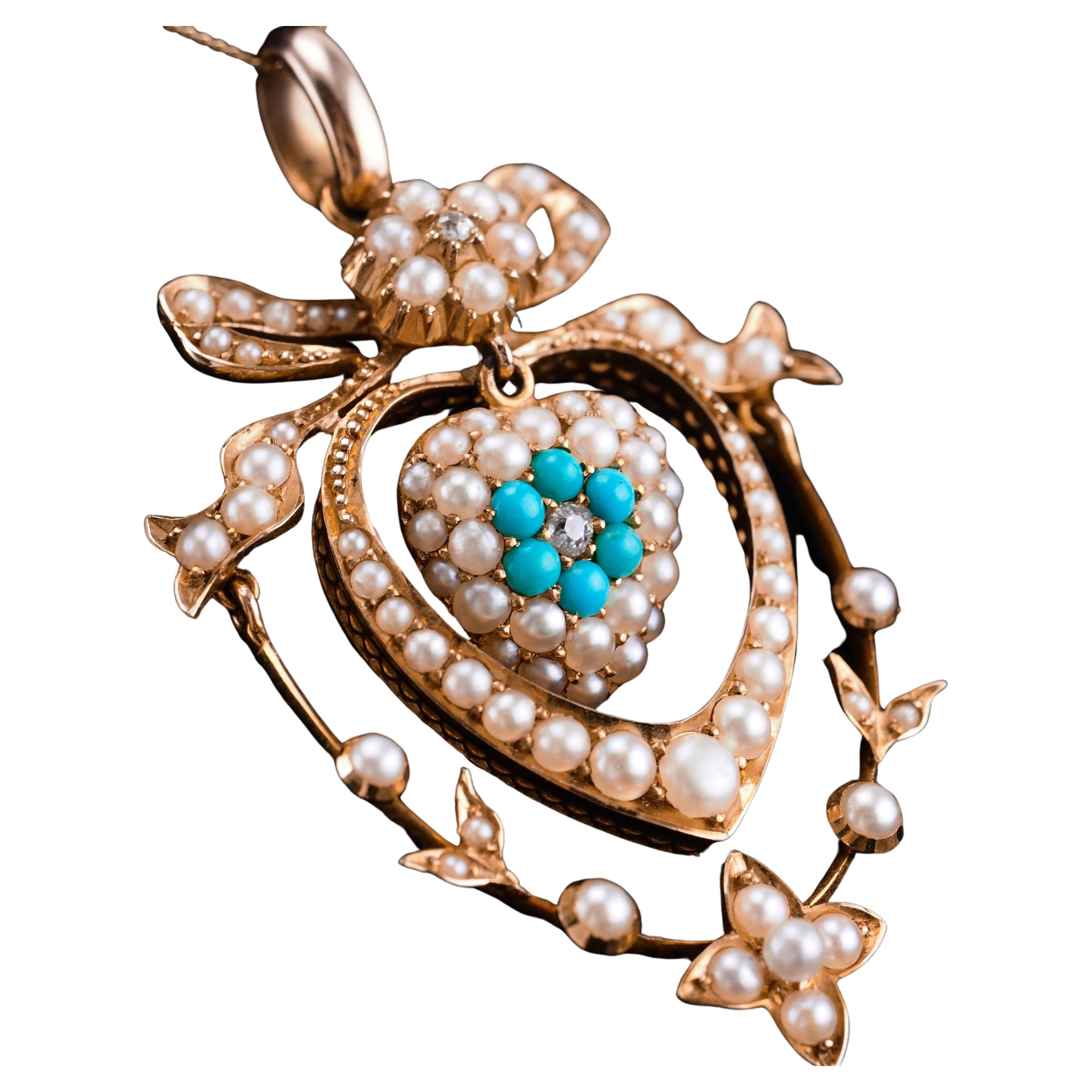 Antique Edwardian 15K Gold Turquoise Diamond & Seed Pearl Pendant Necklace c1910