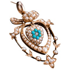 Antique Edwardian 15K Gold Turquoise Diamond & Seed Pearl Pendant Necklace c1910
