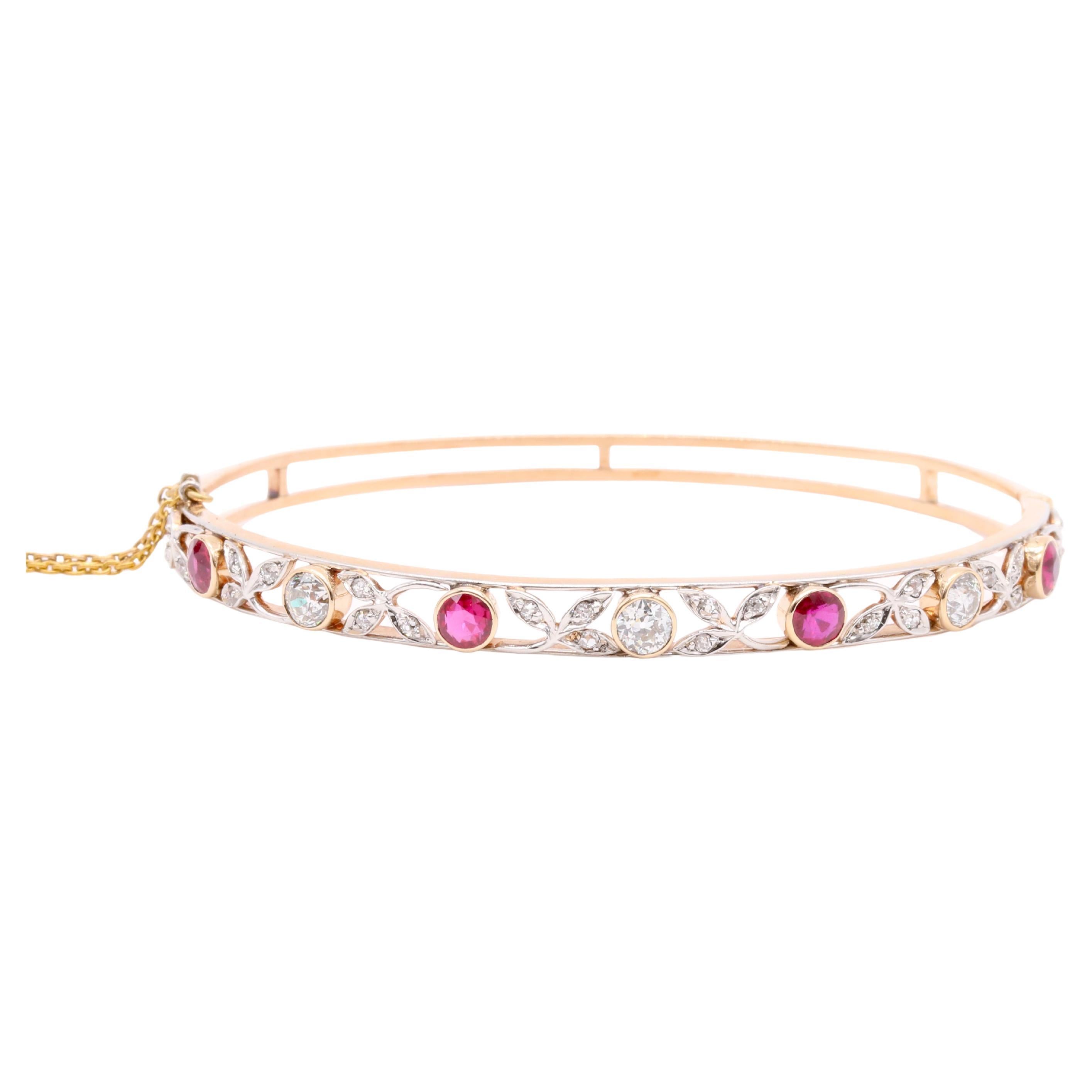 Antique Edwardian 15K Yellow Gold and Platinum 2.3tgw Ruby and Diamond Bangle