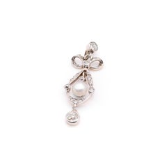 Antique Edwardian 15K Yellow Gold and Platinum Diamond and Pearl Bow Pendant