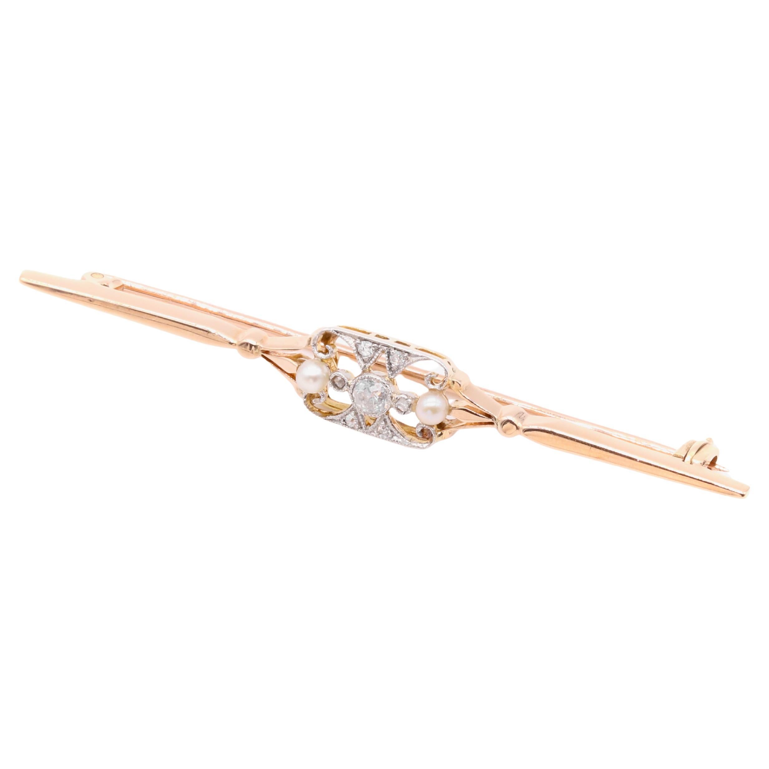 Antiguo broche eduardiano de oro amarillo de 15 quilates y platino con diamantes y perlas