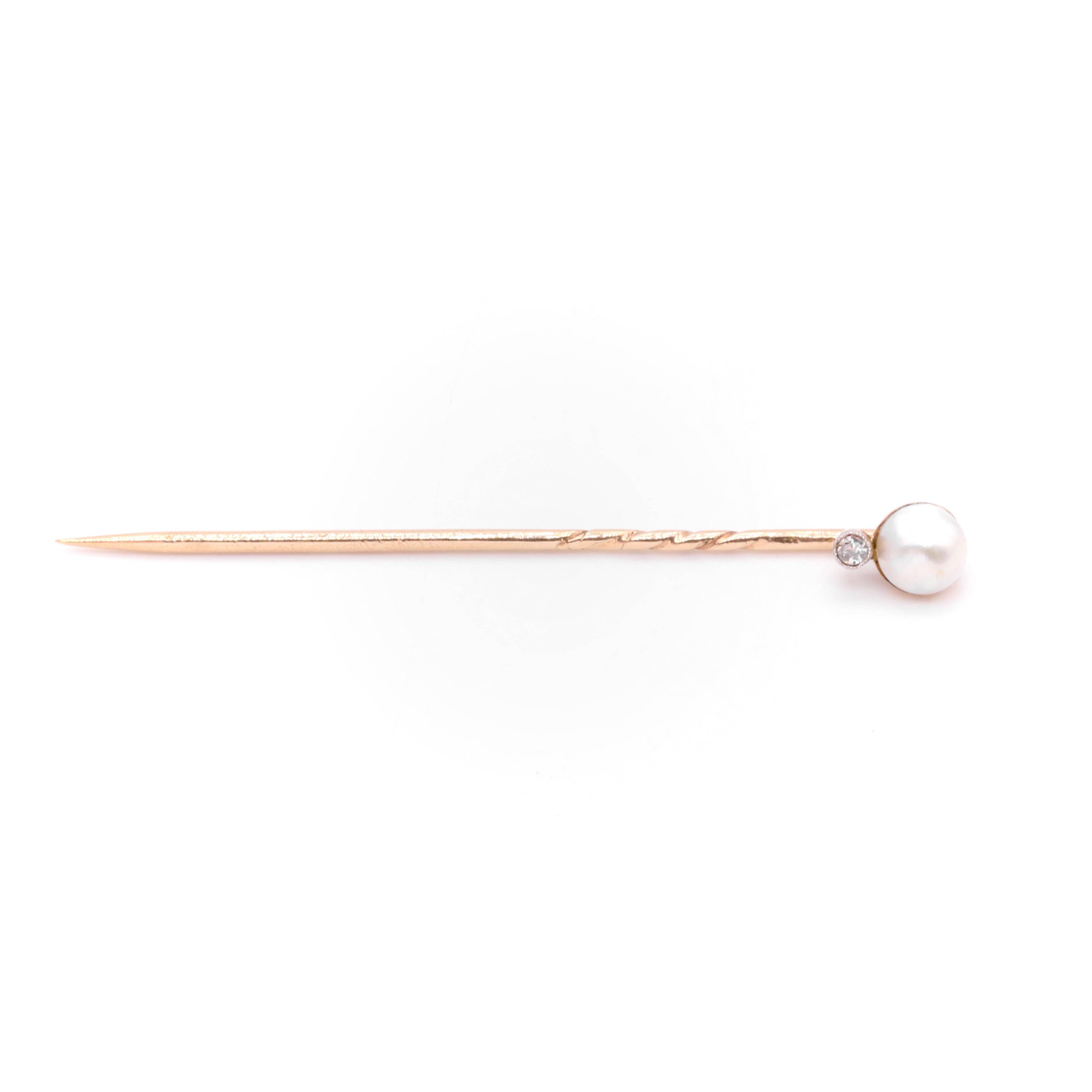 Antique Edwardian 15K Yellow Gold and Platinum Diamond and Pearl Stick Pin For Sale 2