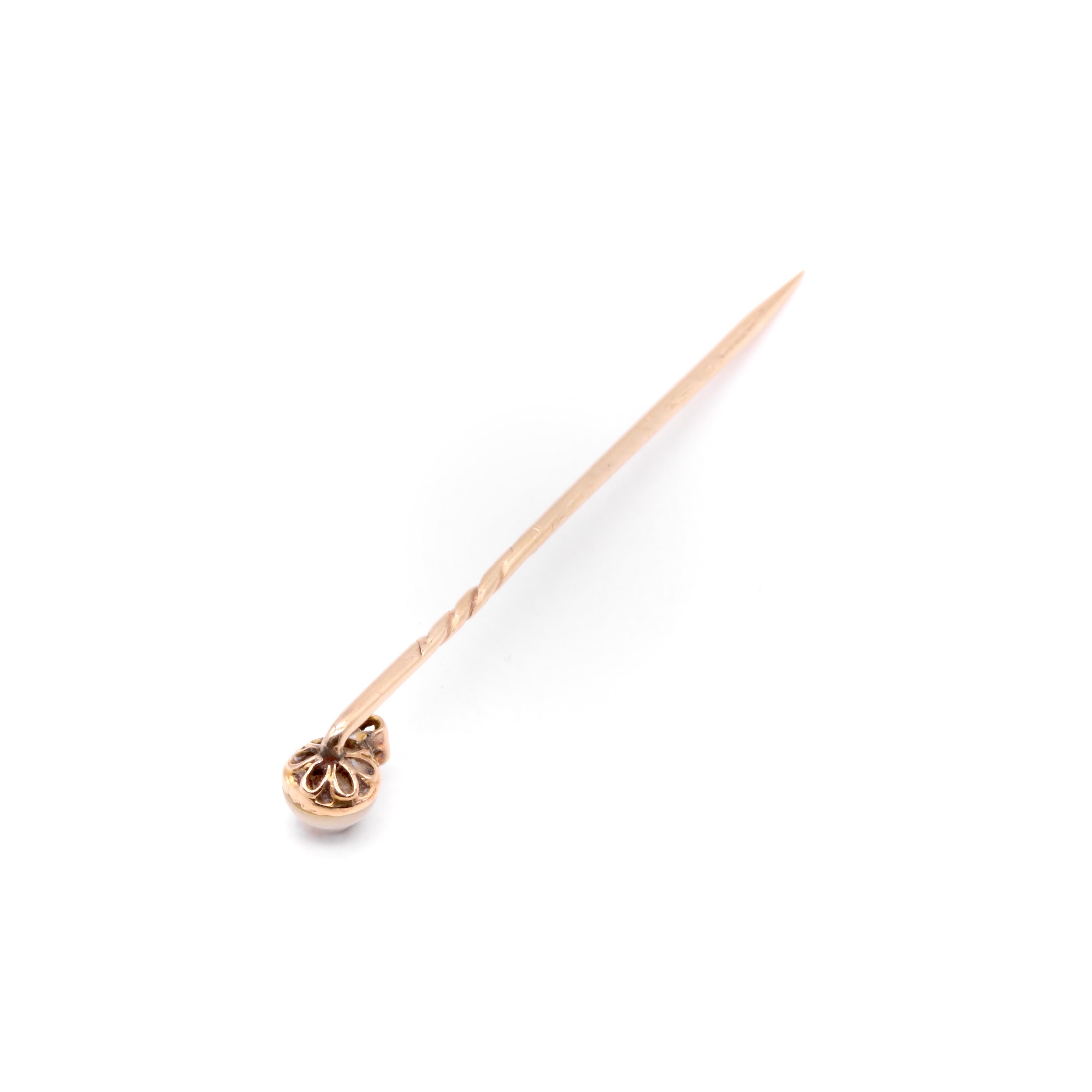 Antique Edwardian 15K Yellow Gold and Platinum Diamond and Pearl Stick Pin For Sale 3