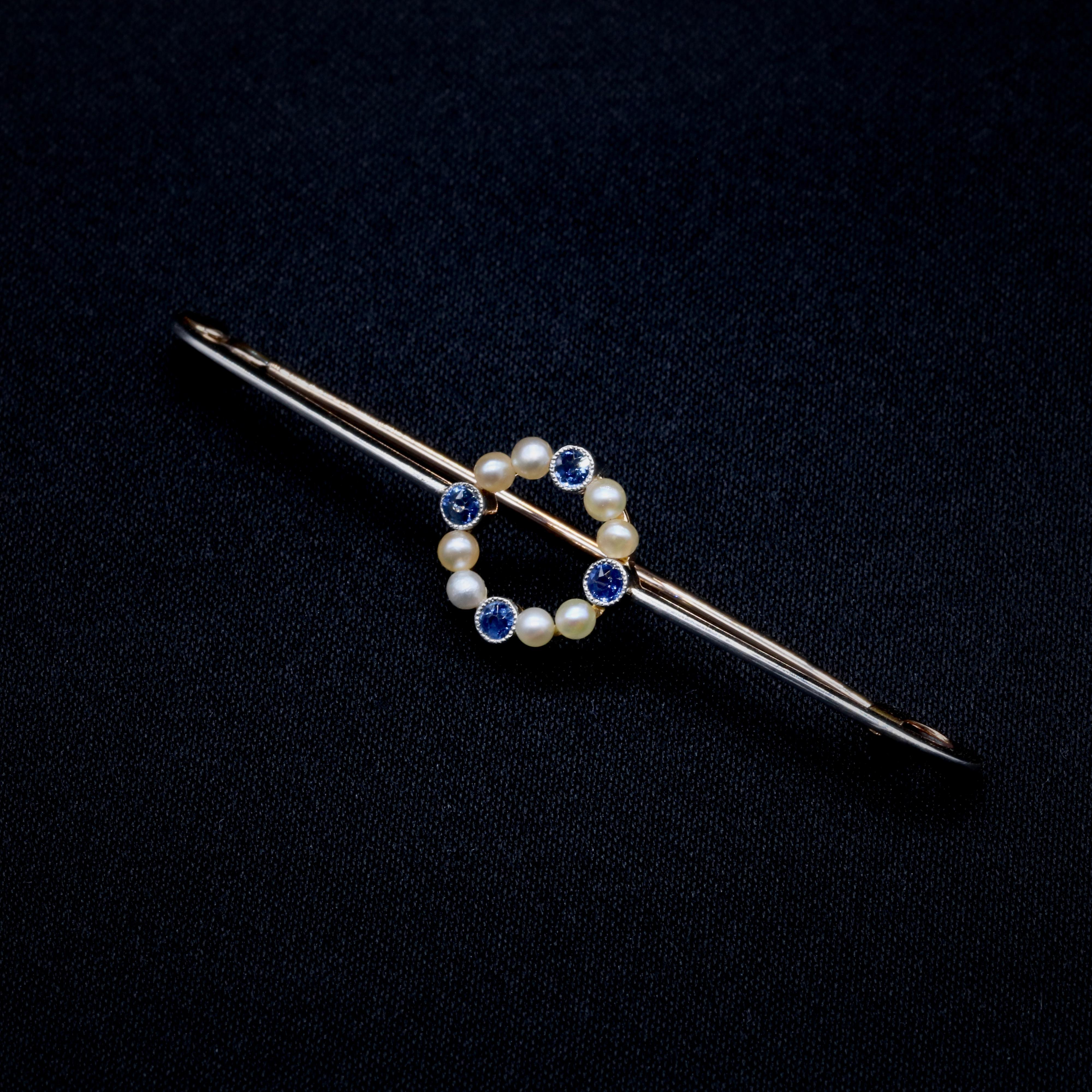 Round Cut Antique Edwardian 15K Yellow Gold and Platinum Sapphire and Pearl Circlet Brooch For Sale