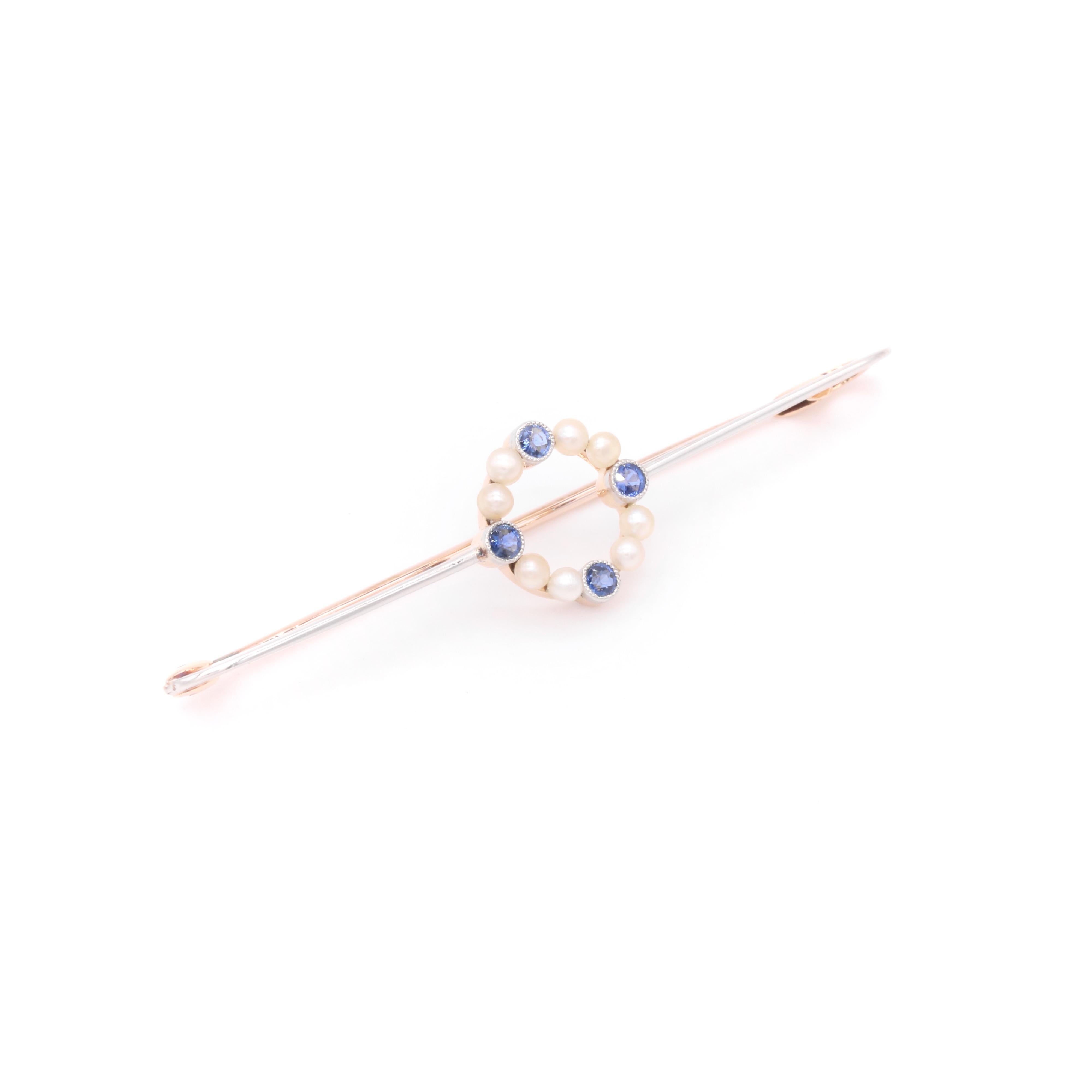 Women's or Men's Antique Edwardian 15K Yellow Gold and Platinum Sapphire and Pearl Circlet Brooch For Sale