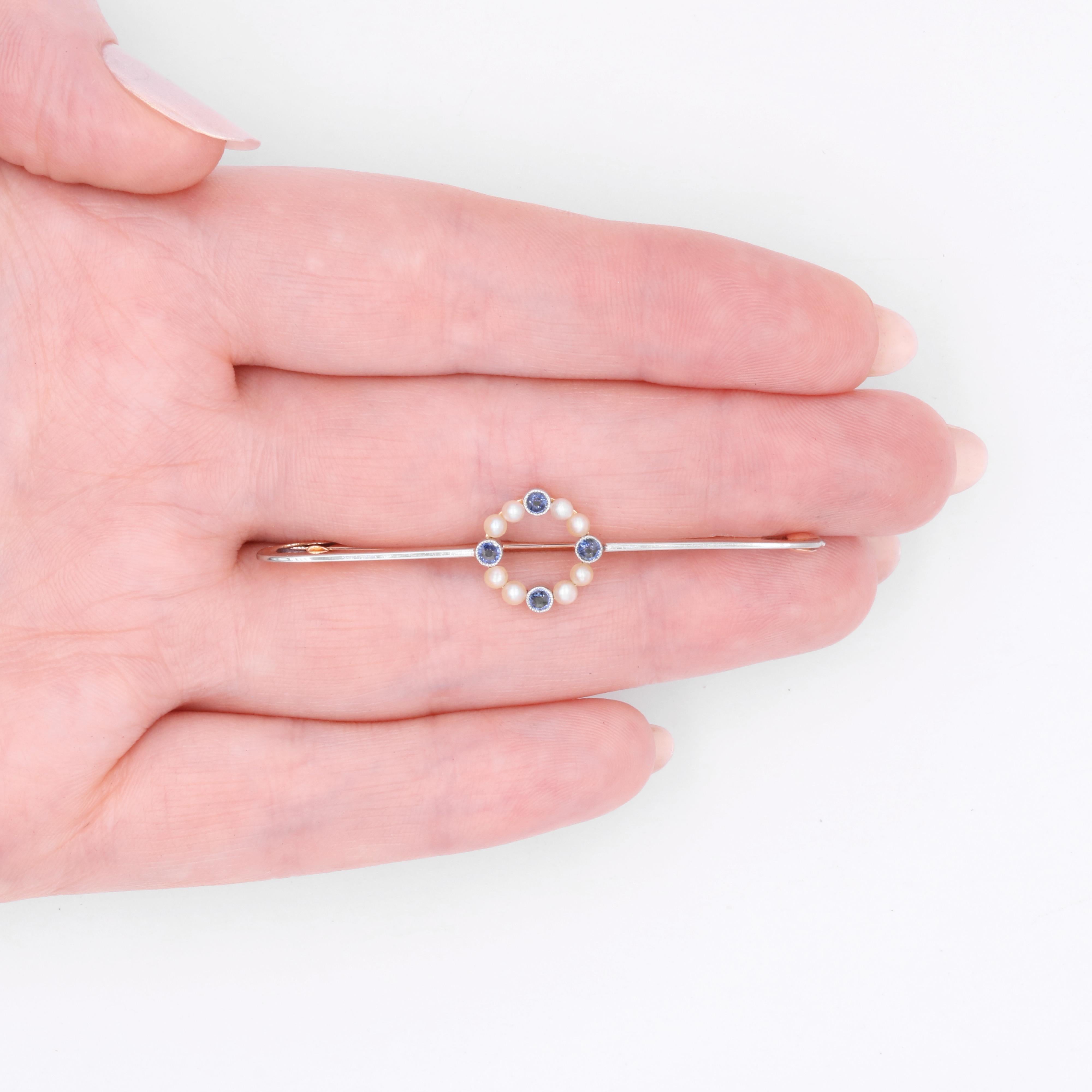Antique Edwardian 15K Yellow Gold and Platinum Sapphire and Pearl Circlet Brooch For Sale 4