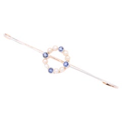 Antique Edwardian 15K Yellow Gold and Platinum Sapphire and Pearl Circlet Brooch