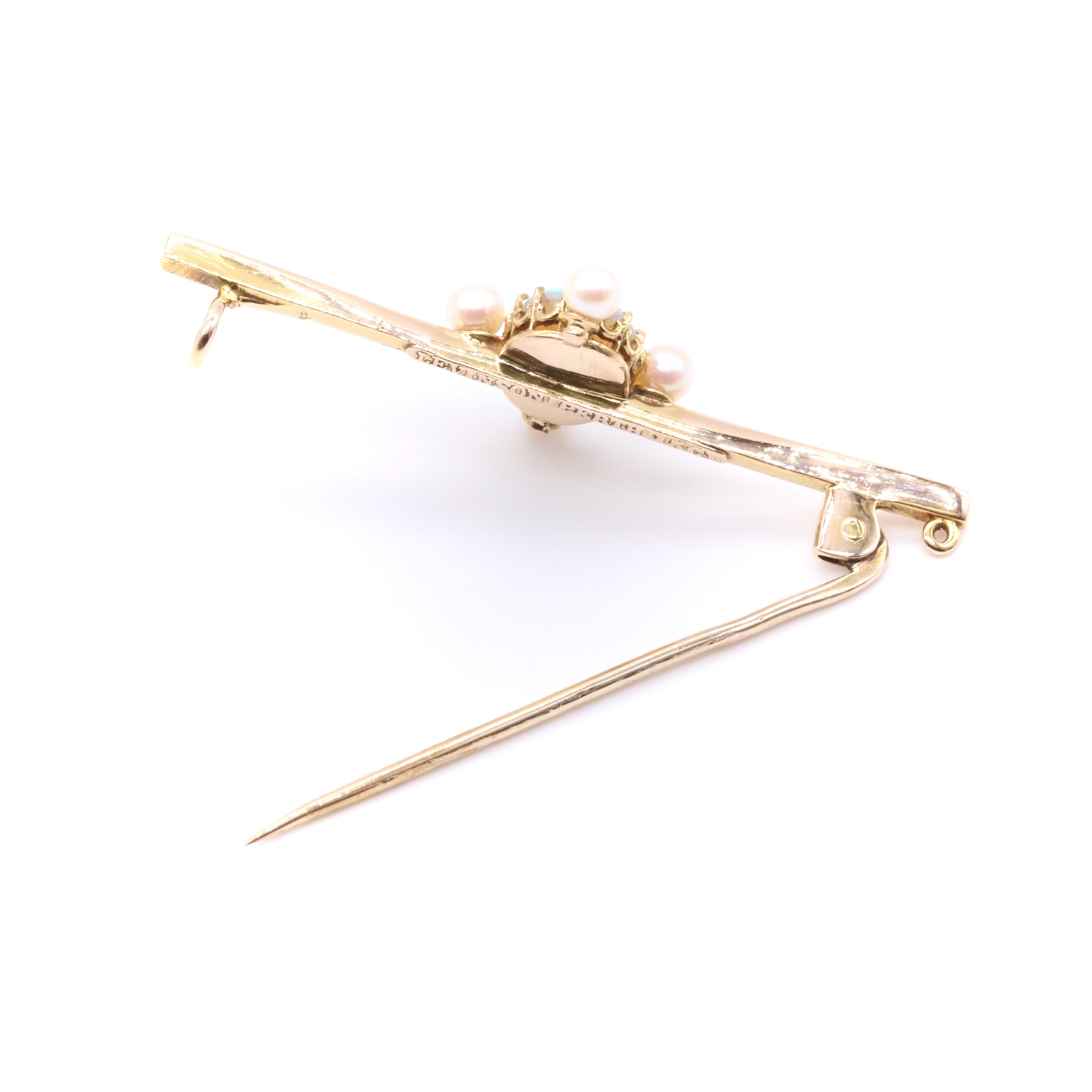 Antique Edwardian 15K Yellow Gold Cabochon Opal and Pearl Bar Brooch For Sale 6