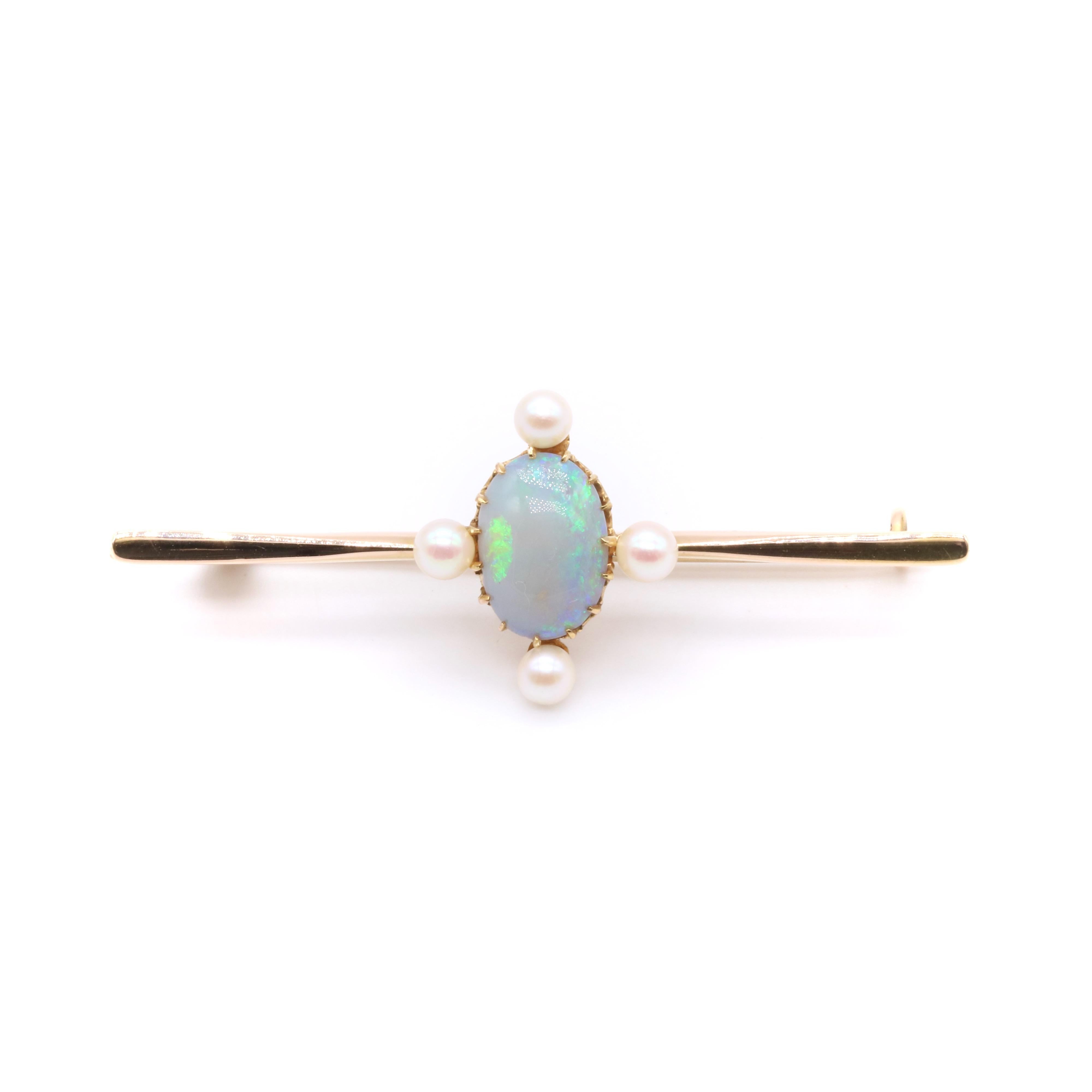 Women's or Men's Antique Edwardian 15K Yellow Gold Cabochon Opal and Pearl Bar Brooch For Sale