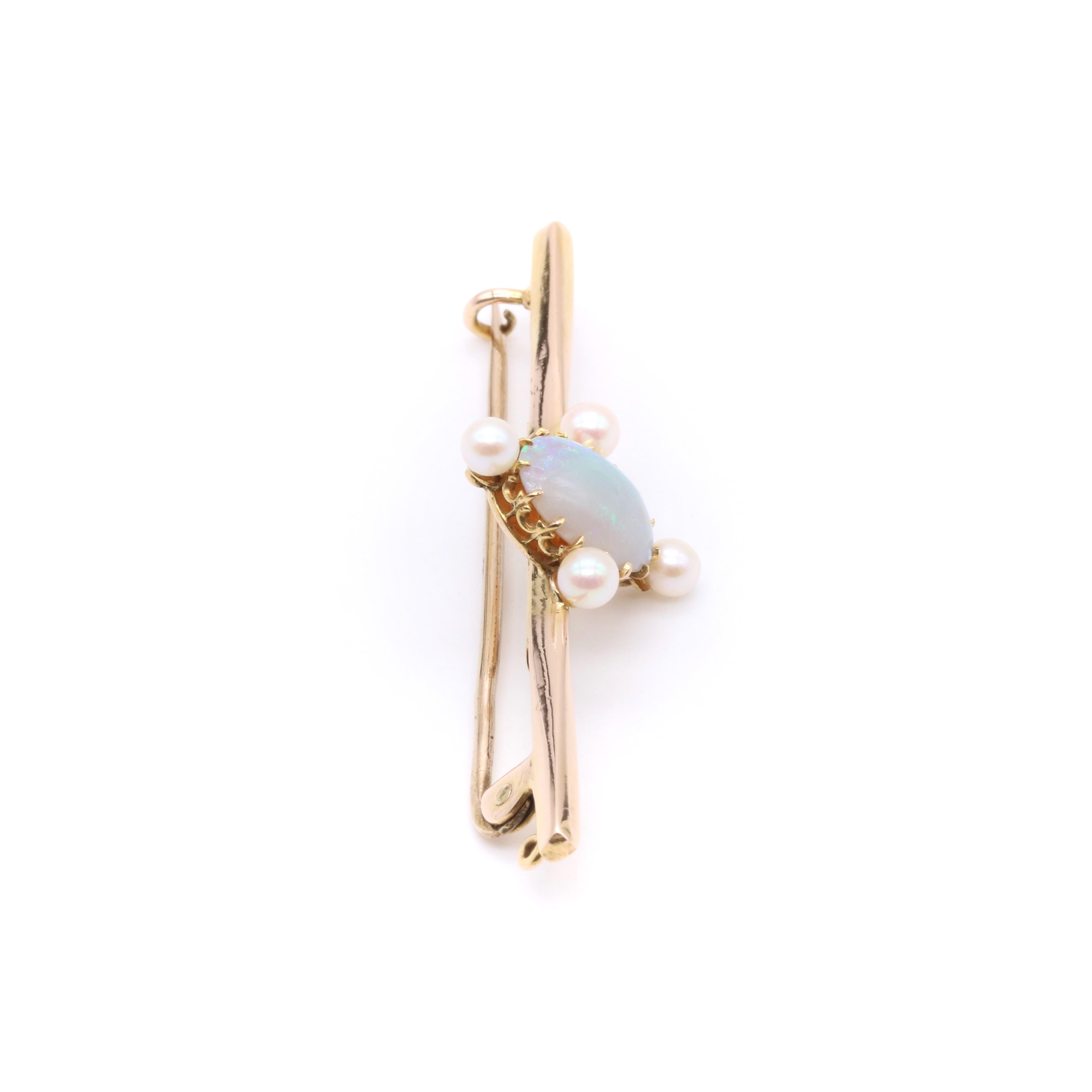Antique Edwardian 15K Yellow Gold Cabochon Opal and Pearl Bar Brooch For Sale 4