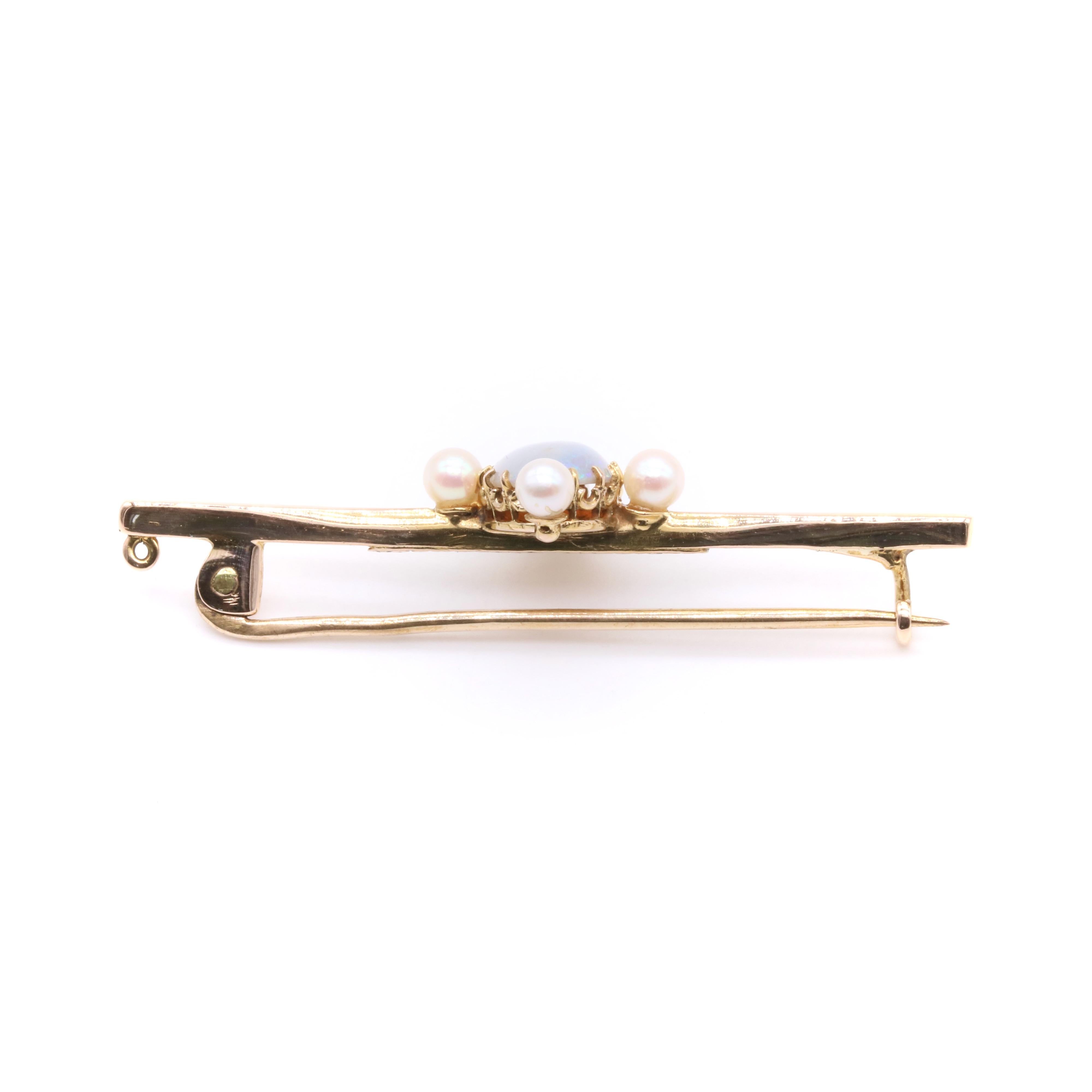 Antique Edwardian 15K Yellow Gold Cabochon Opal and Pearl Bar Brooch For Sale 5