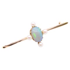 Antique Edwardian 15K Yellow Gold Cabochon Opal and Pearl Bar Brooch