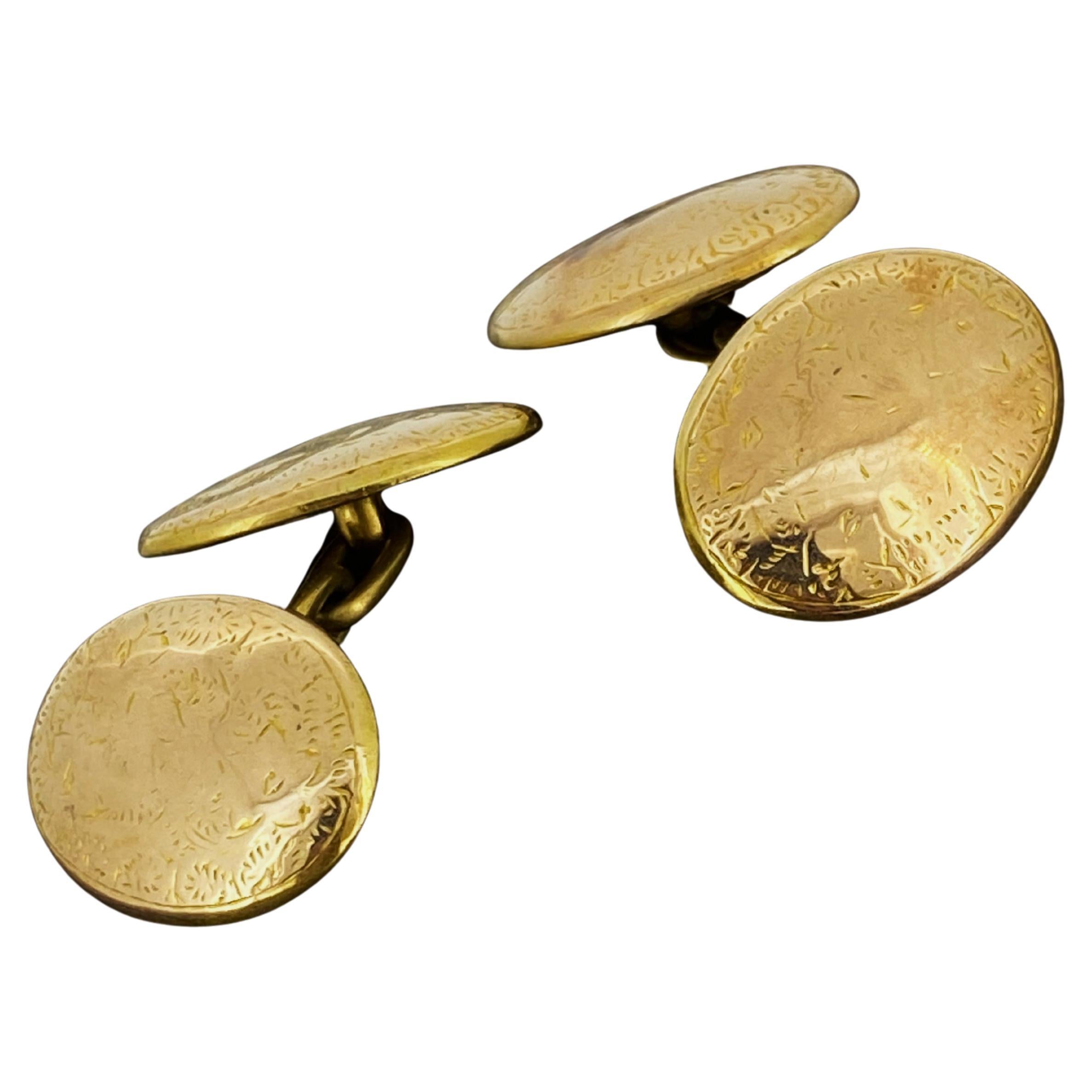 Antique Edwardian 15K Yellow Gold Cufflinks, English Hallmarks: Chester, c1905 In Excellent Condition For Sale In MELBOURNE, AU