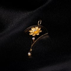 Antique Edwardian 15K Yellow Gold Diamond Flower Lavaliere Pendant