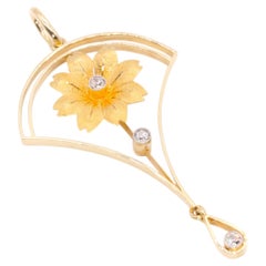 Antique Edwardian 15K Yellow Gold Diamond Flower Lavaliere Pendant