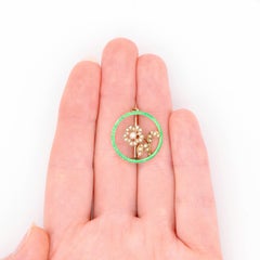 Antique Edwardian 15K Yellow Gold Green Enamel & Pearl Flower Brooch