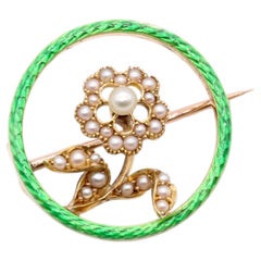 Antique Edwardian 15K Yellow Gold Green Enamel & Pearl Flower Brooch
