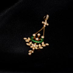 Antique Edwardian 15K Yellow Gold Pearl and Green Enamel Lavaliere Pendant