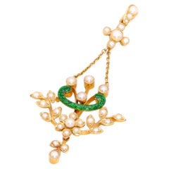 Antique Edwardian 15K Yellow Gold Pearl and Green Enamel Lavaliere Pendant