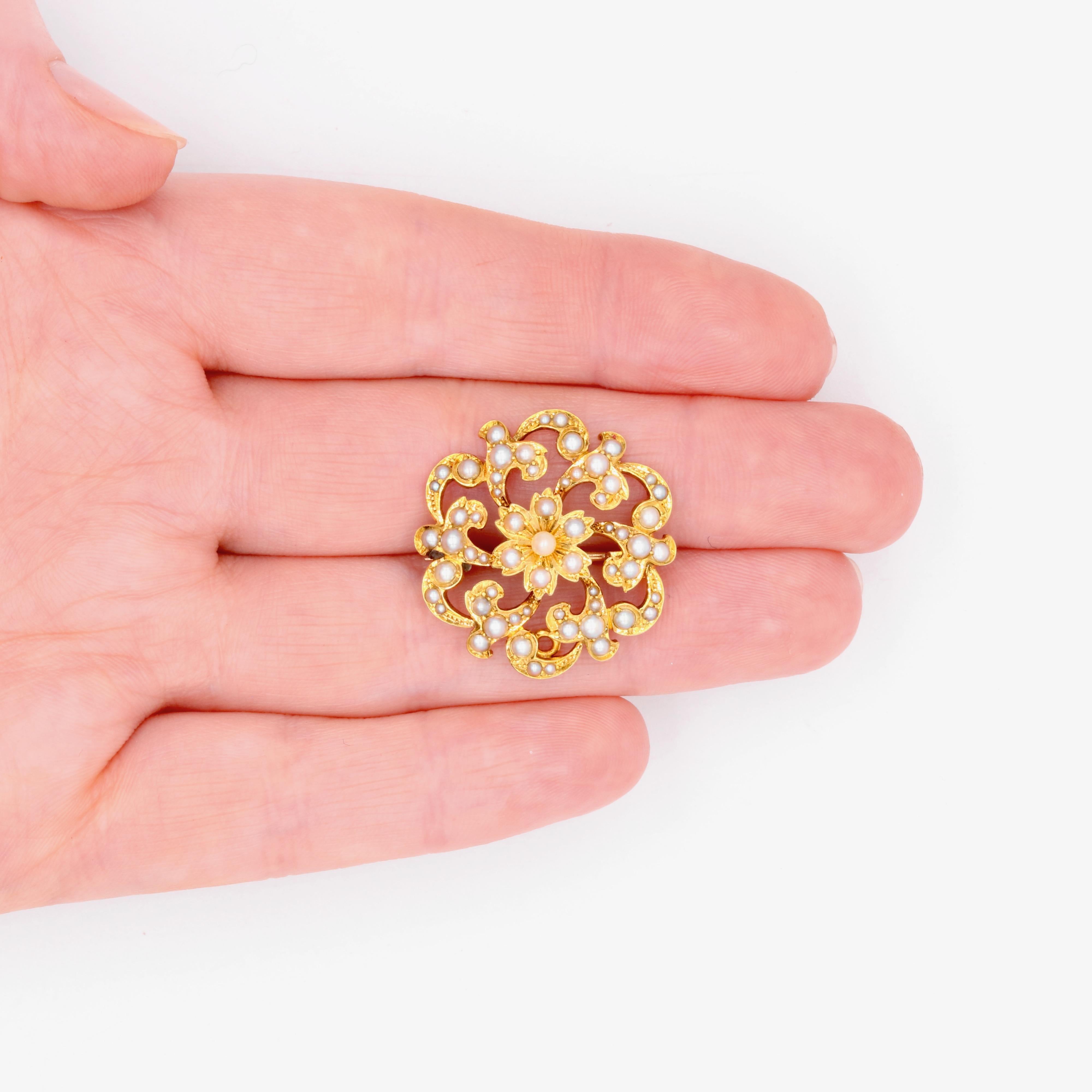 Antique Edwardian 15K Yellow Gold Pearl Floral Brooch and Pendant 6