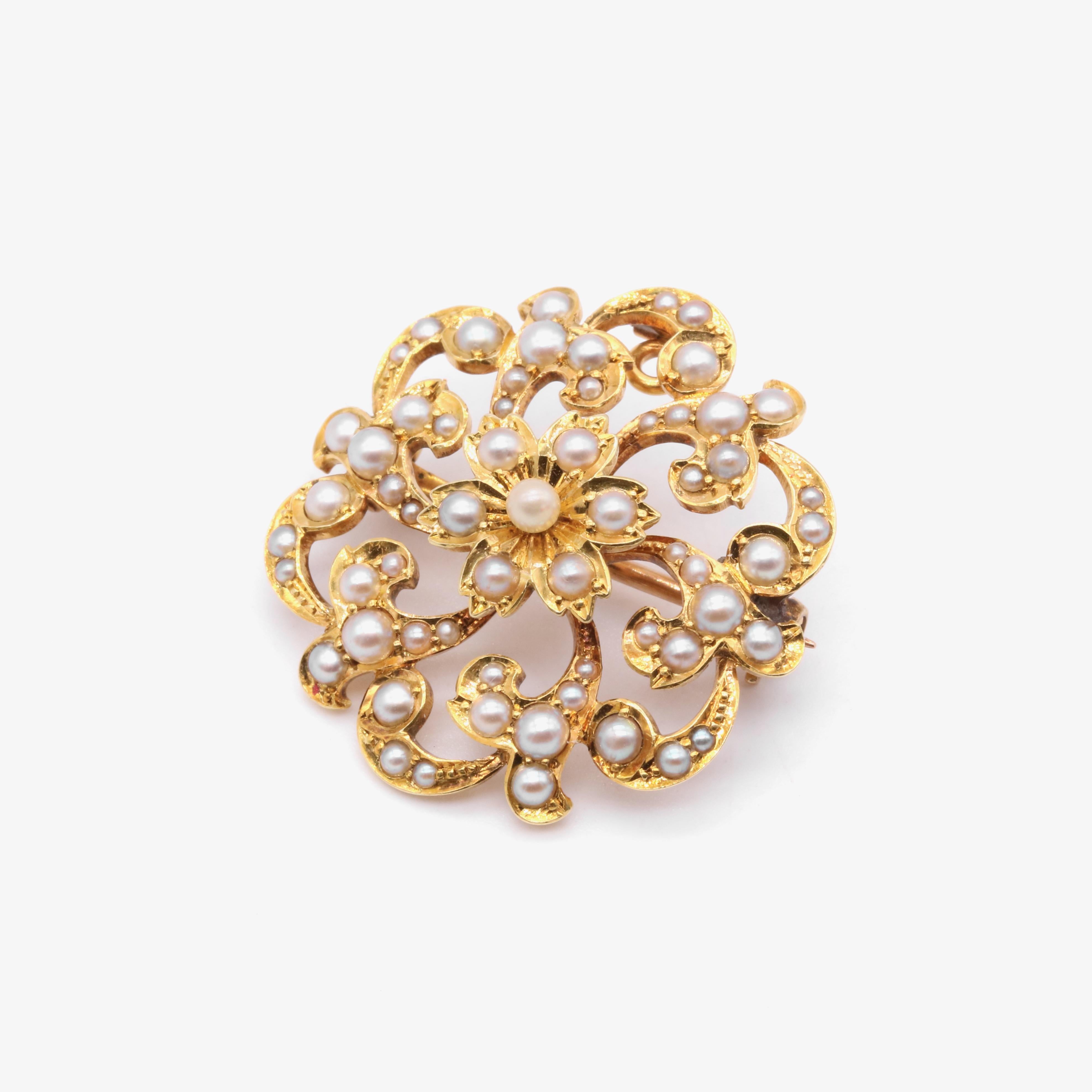 Women's or Men's Antique Edwardian 15K Yellow Gold Pearl Floral Brooch and Pendant