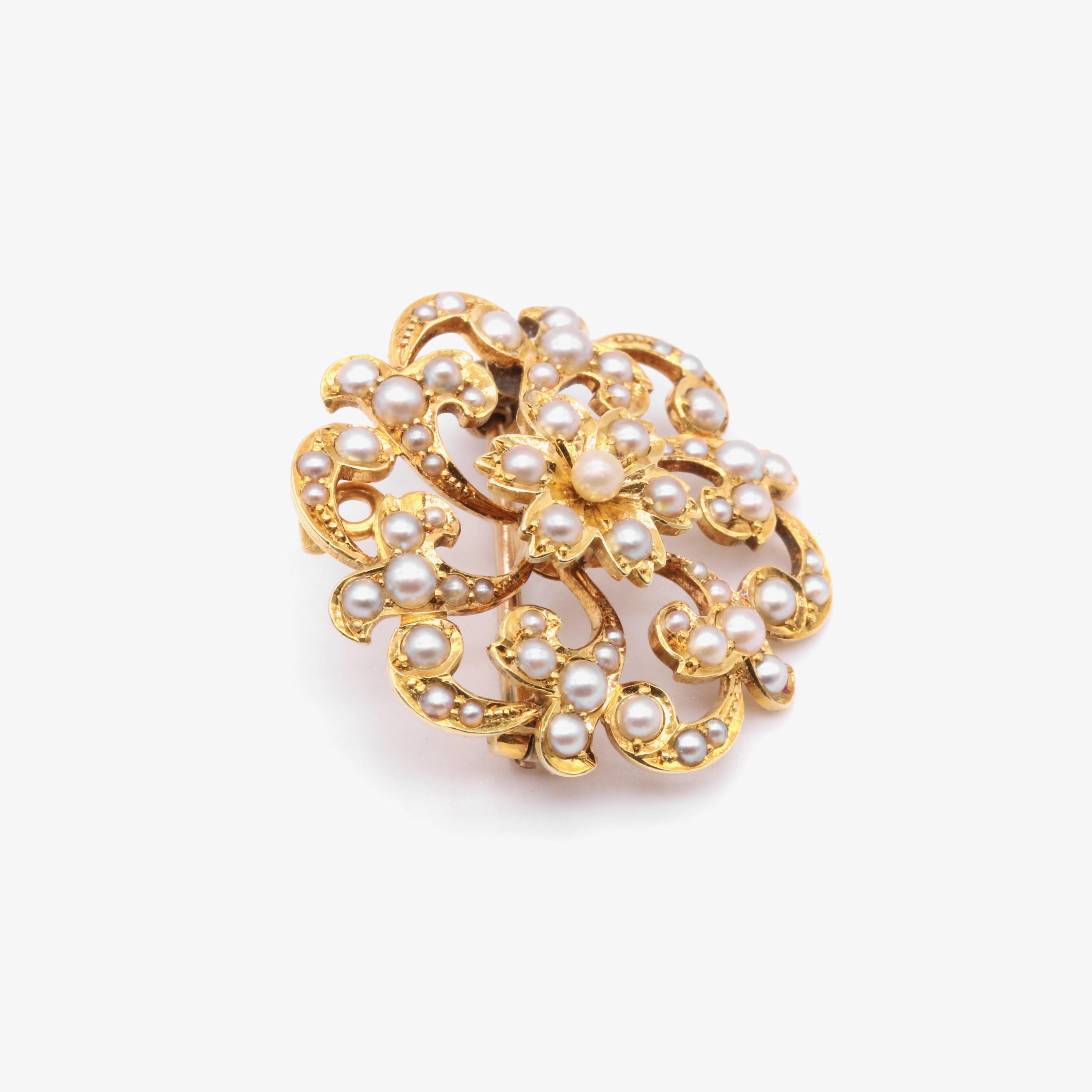 Antique Edwardian 15K Yellow Gold Pearl Floral Brooch and Pendant 1