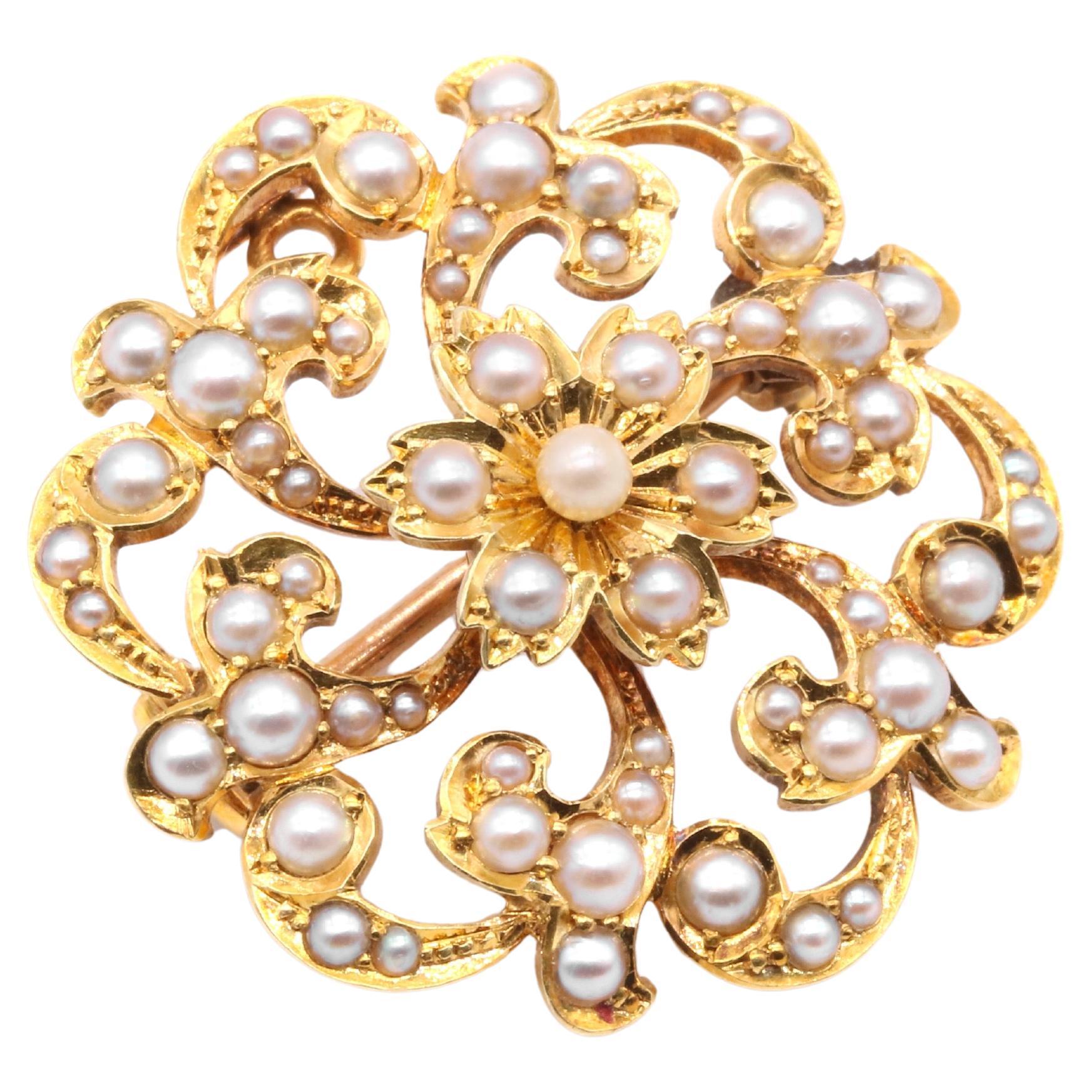 Antique Edwardian 15K Yellow Gold Pearl Floral Brooch and Pendant