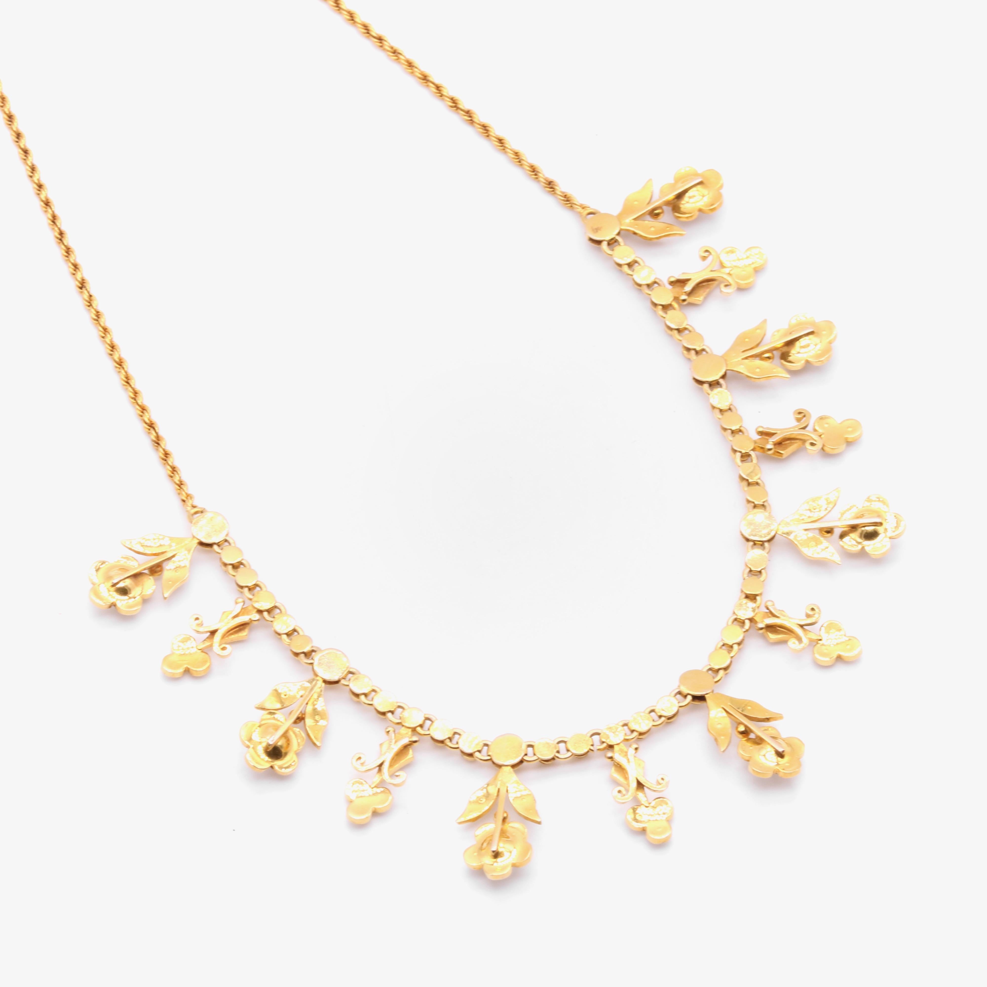 Antique Edwardian 15K Yellow Gold Pearl Floral Drop Fringe Necklace For Sale 5