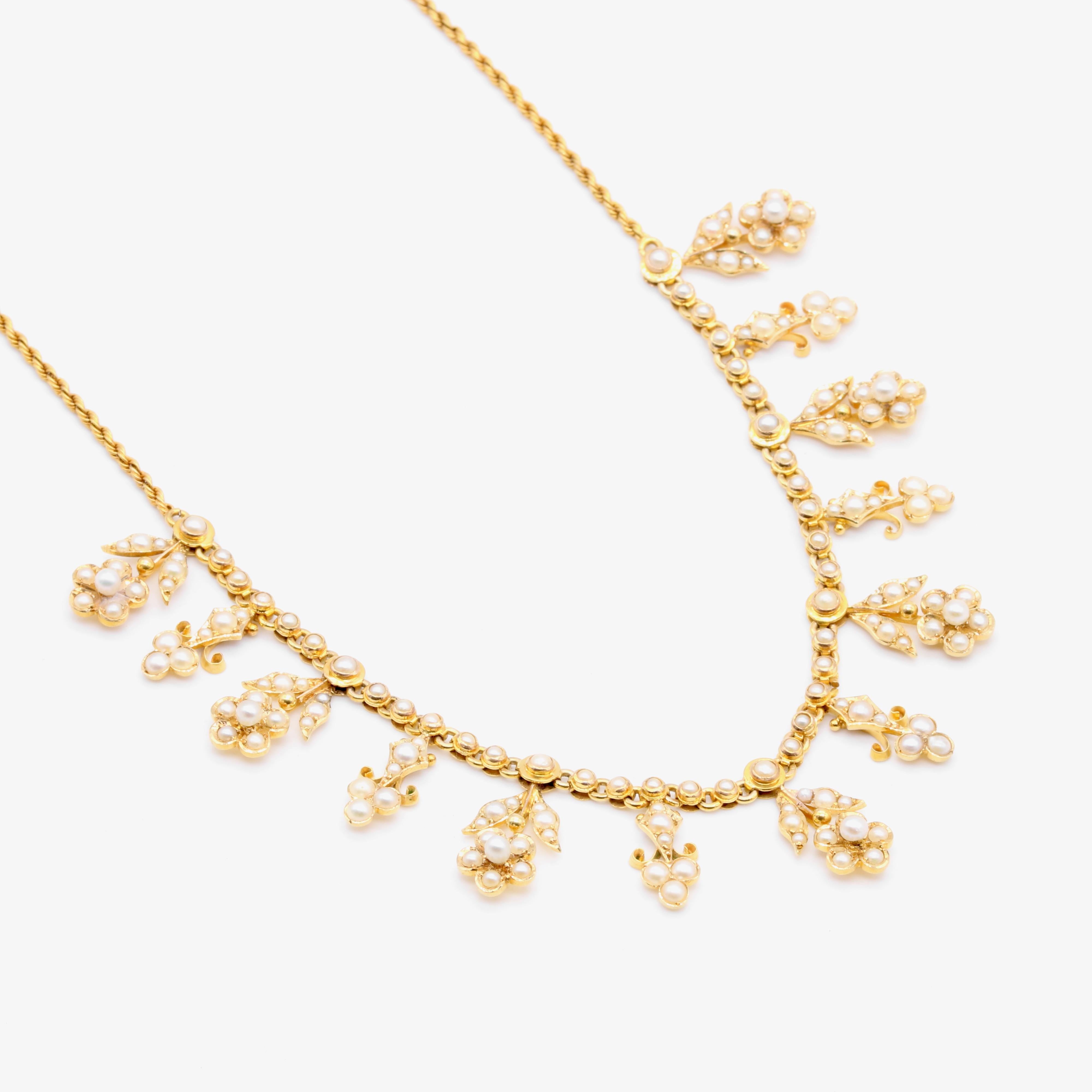 Antique Edwardian 15K Yellow Gold Pearl Floral Drop Fringe Necklace For Sale 6