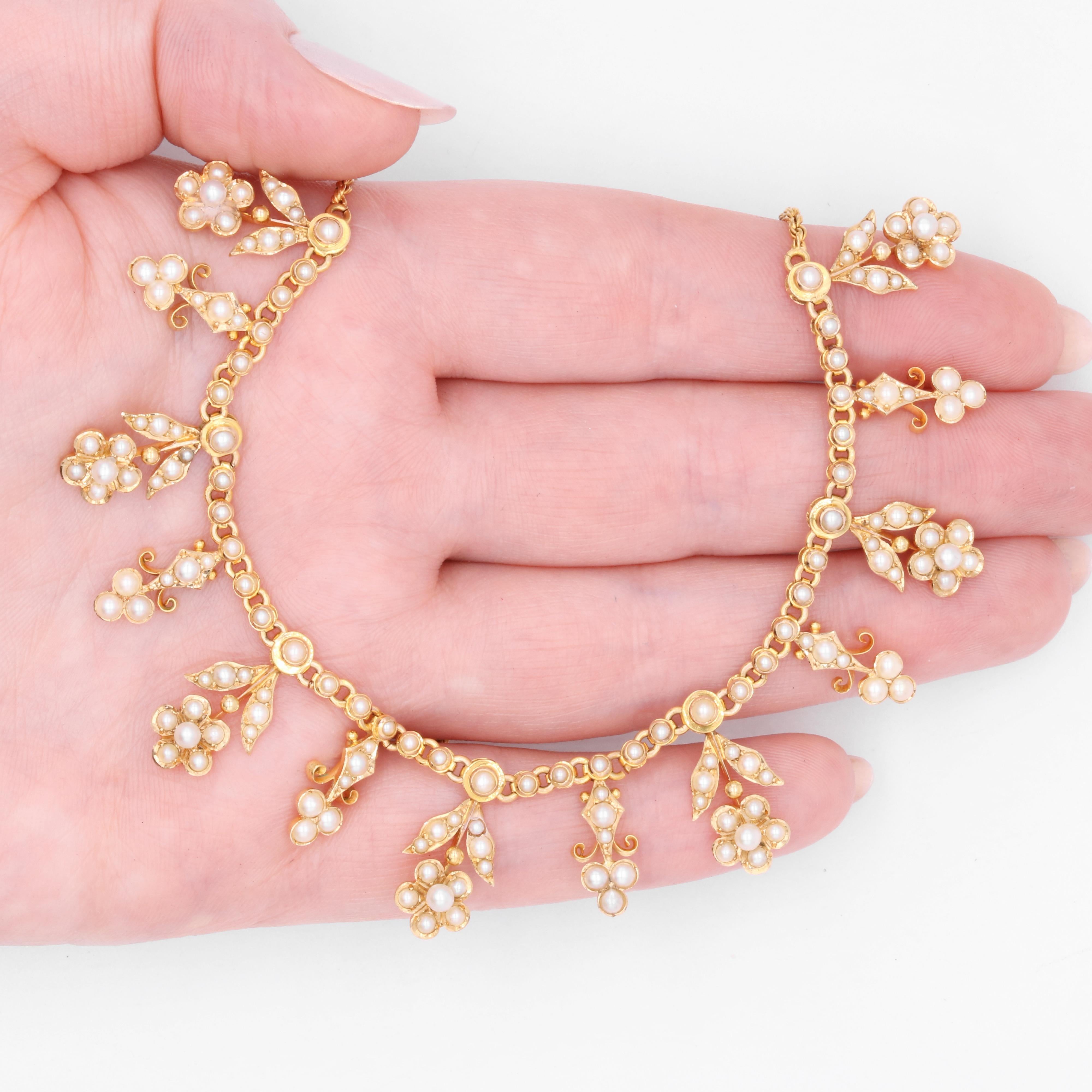 Antique Edwardian 15K Yellow Gold Pearl Floral Drop Fringe Necklace For Sale 7