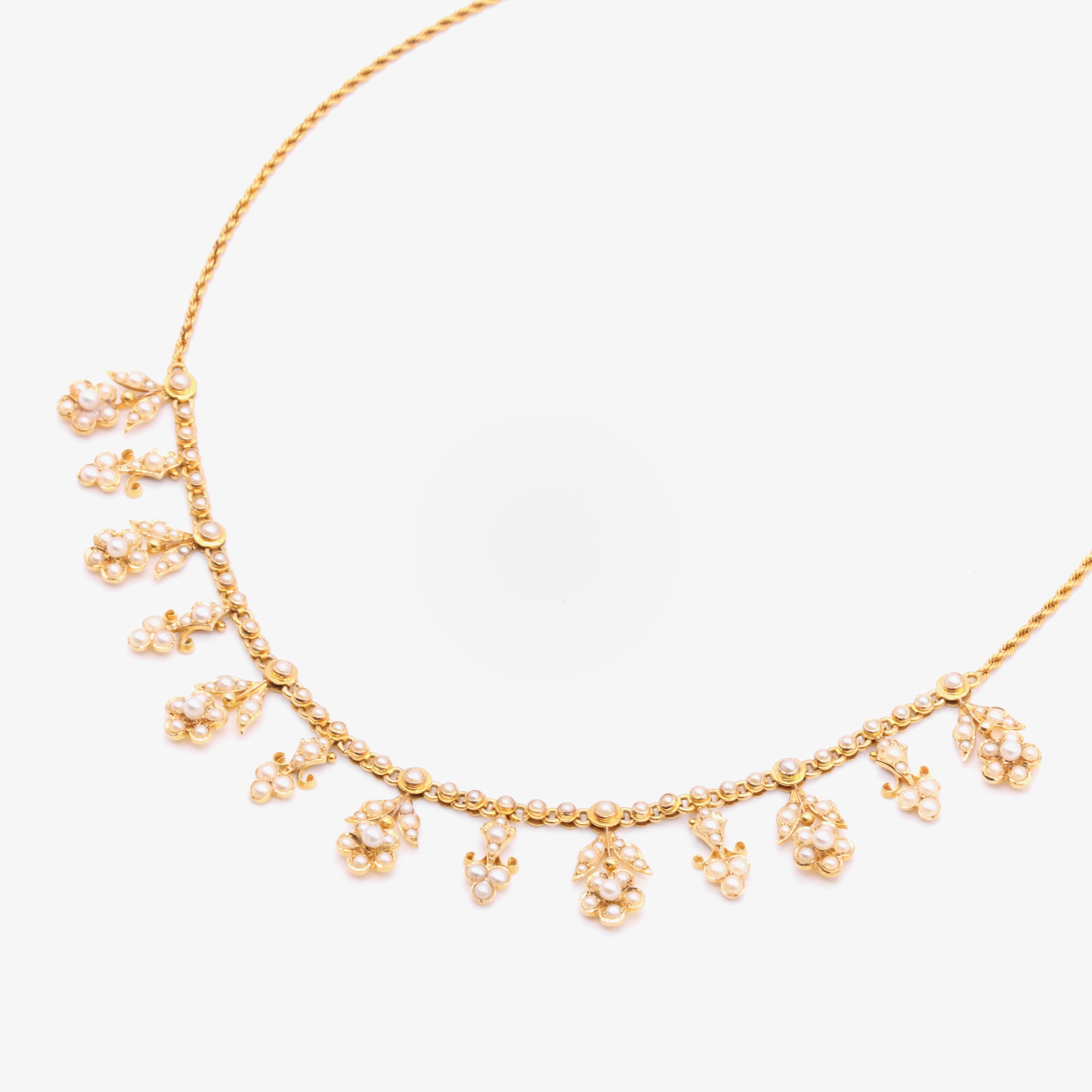 Women's or Men's Antique Edwardian 15K Yellow Gold Pearl Floral Drop Fringe Necklace For Sale