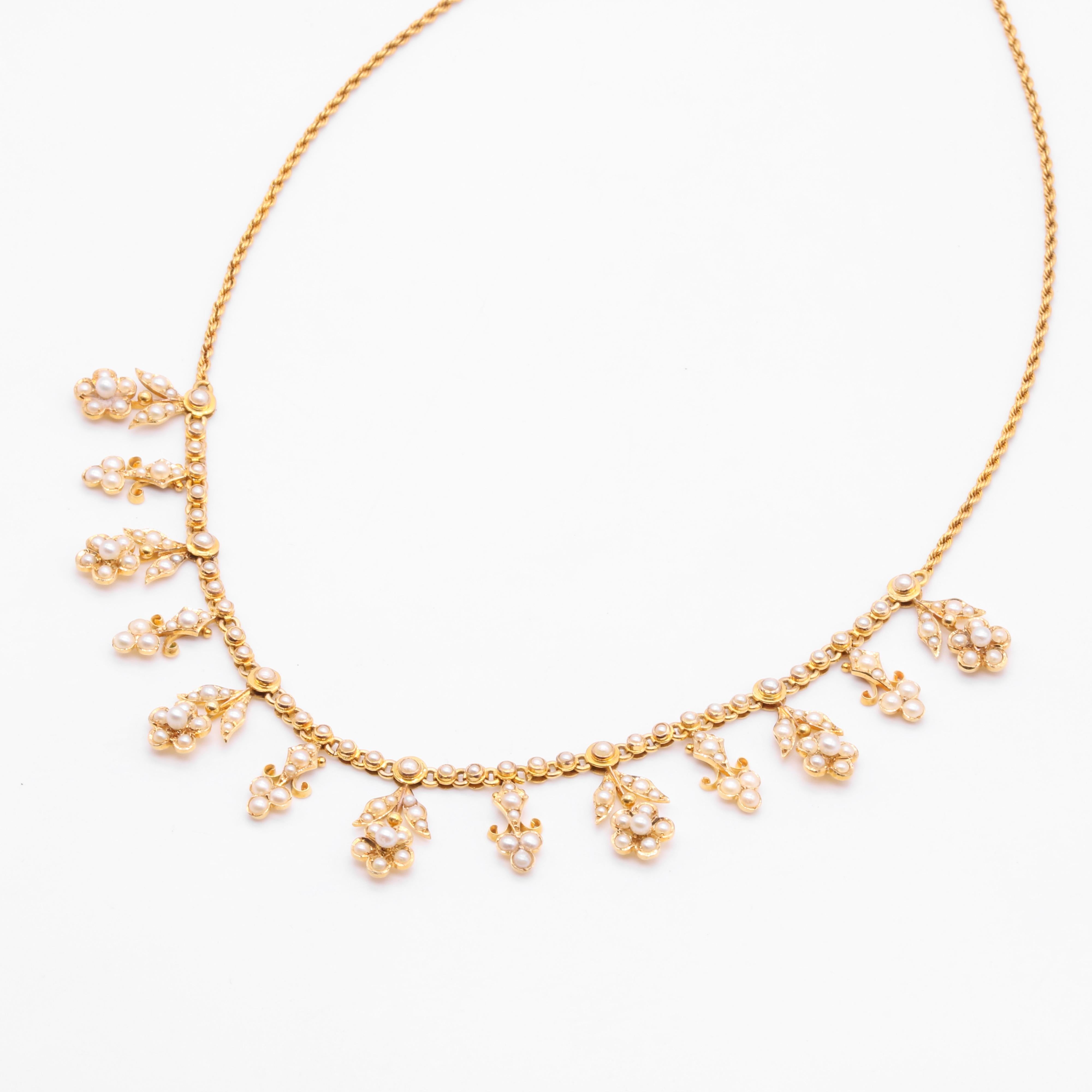 Antique Edwardian 15K Yellow Gold Pearl Floral Drop Fringe Necklace For Sale 1