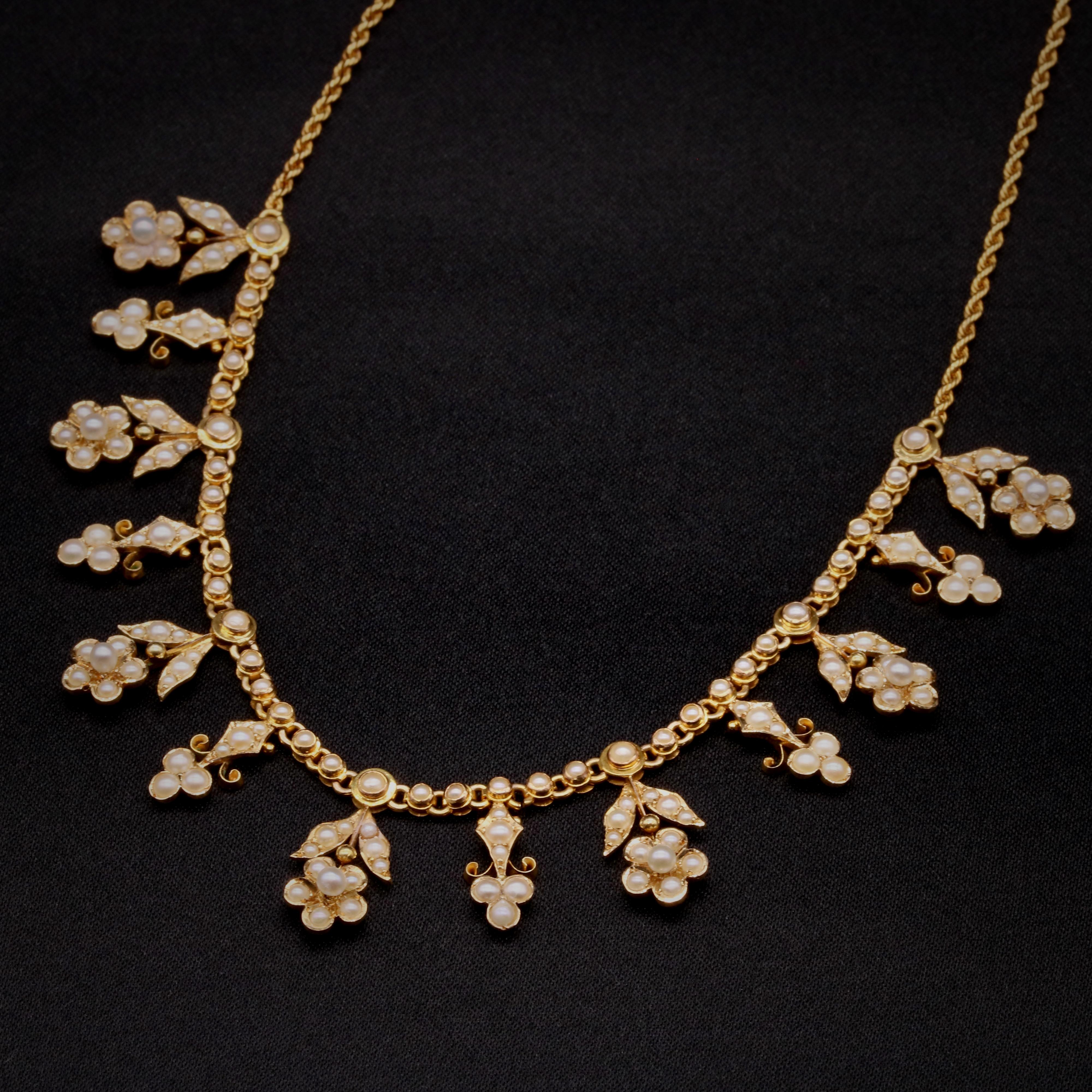 Antique Edwardian 15K Yellow Gold Pearl Floral Drop Fringe Necklace For Sale 2