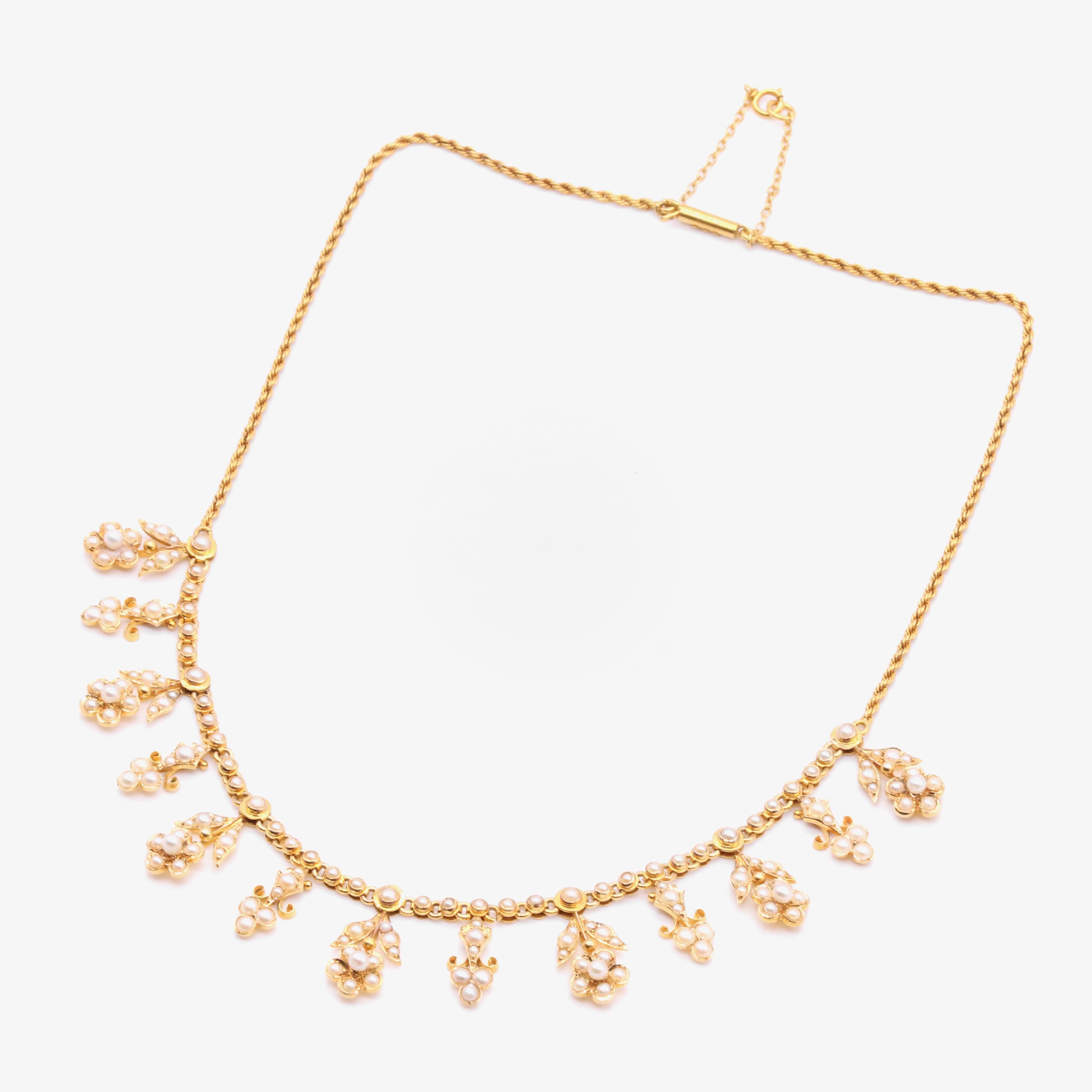 Antique Edwardian 15K Yellow Gold Pearl Floral Drop Fringe Necklace For Sale 3