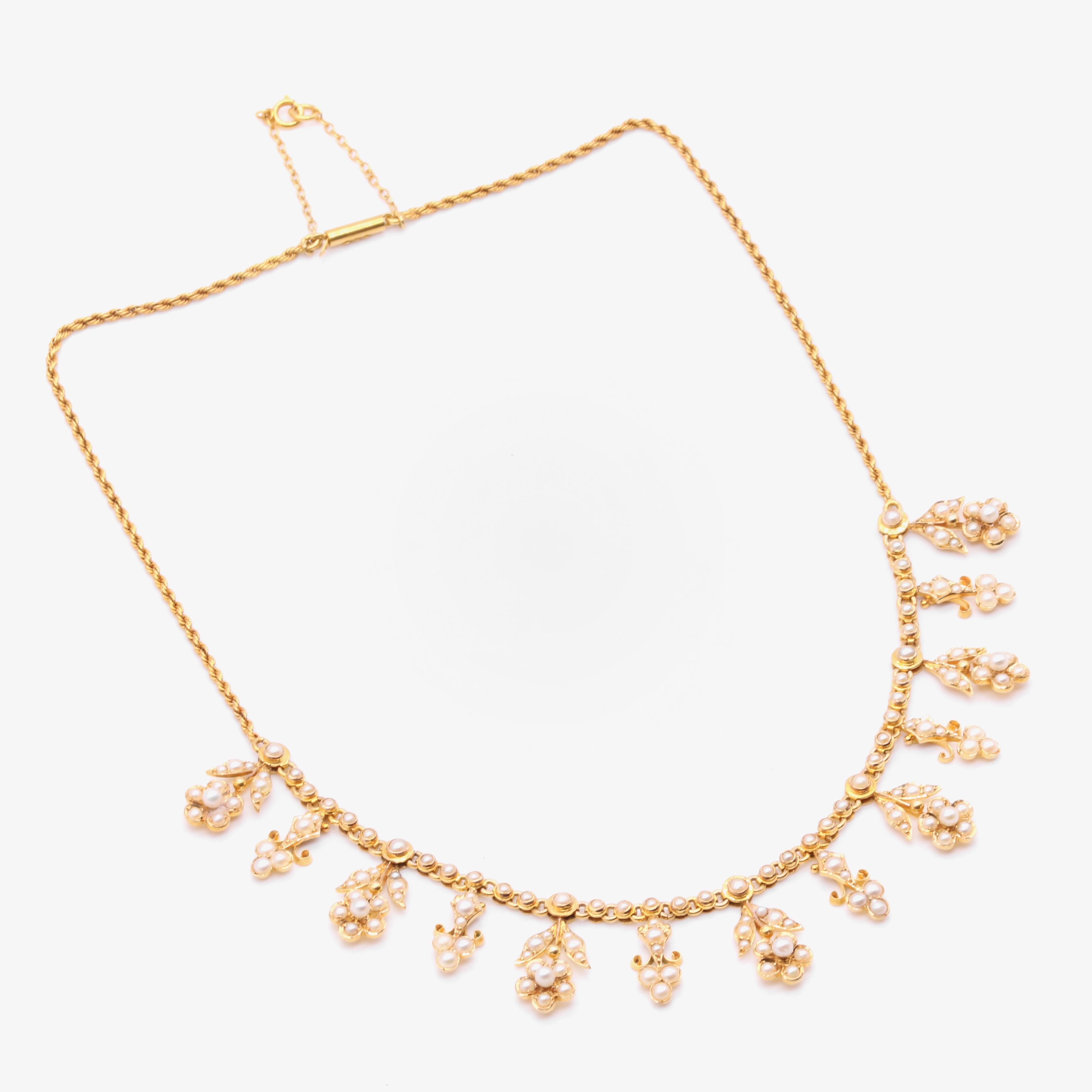 Antique Edwardian 15K Yellow Gold Pearl Floral Drop Fringe Necklace For Sale 4
