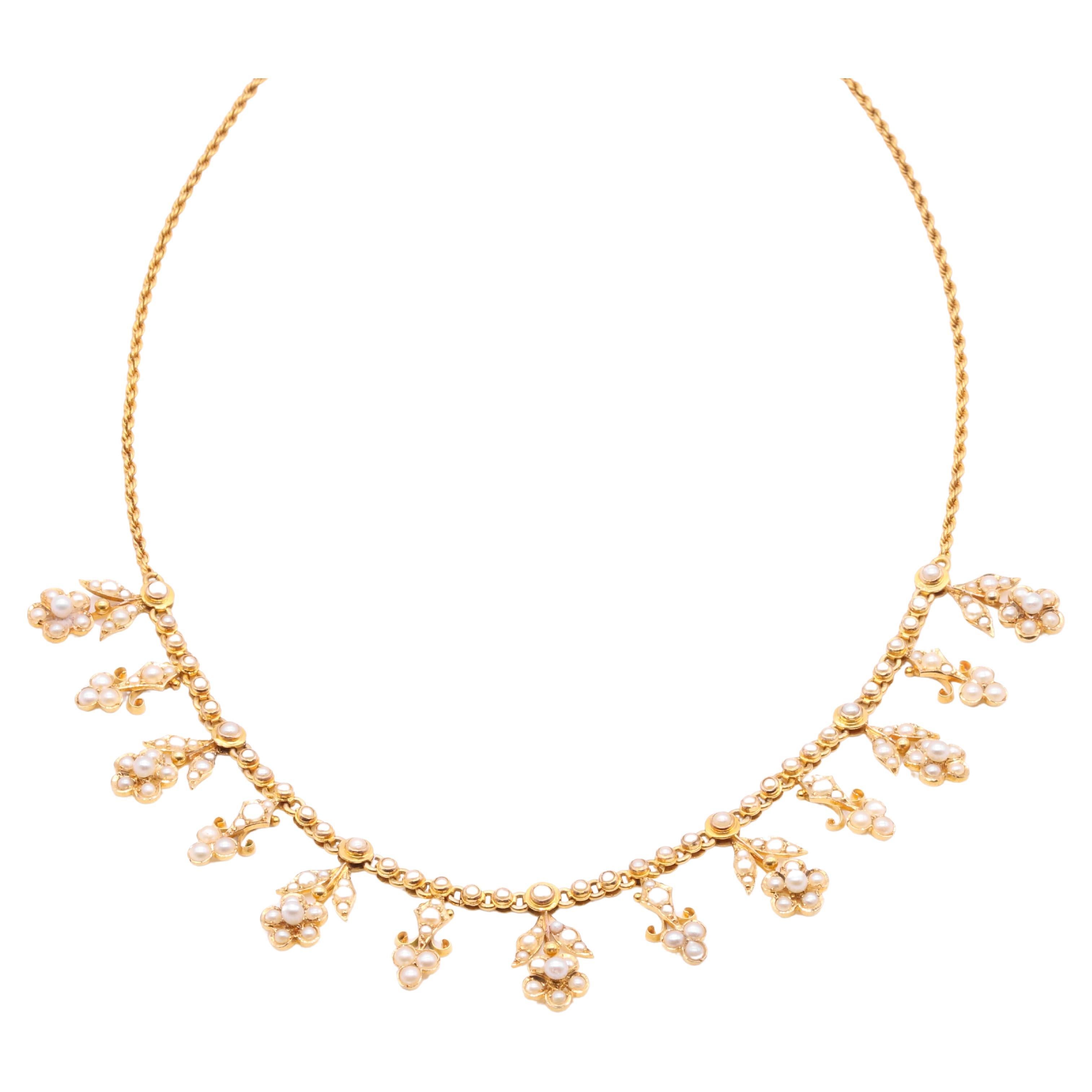 Antique Edwardian 15K Yellow Gold Pearl Floral Drop Fringe Necklace For Sale