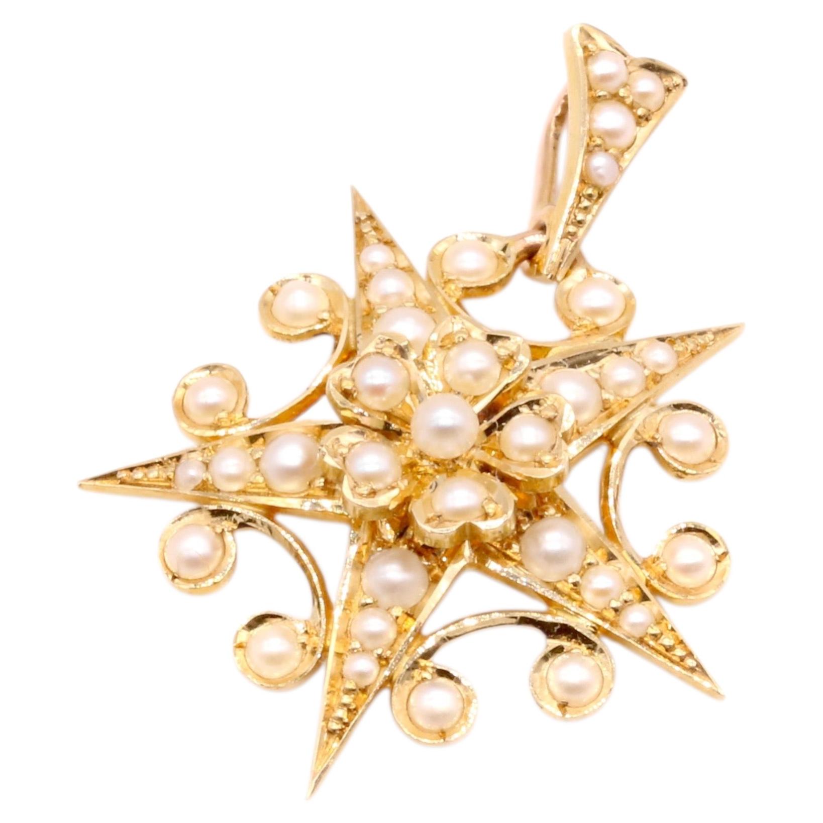 Colgante antiguo eduardiano de oro amarillo de 15 quilates con perlas y motivos florales y en forma de estrella