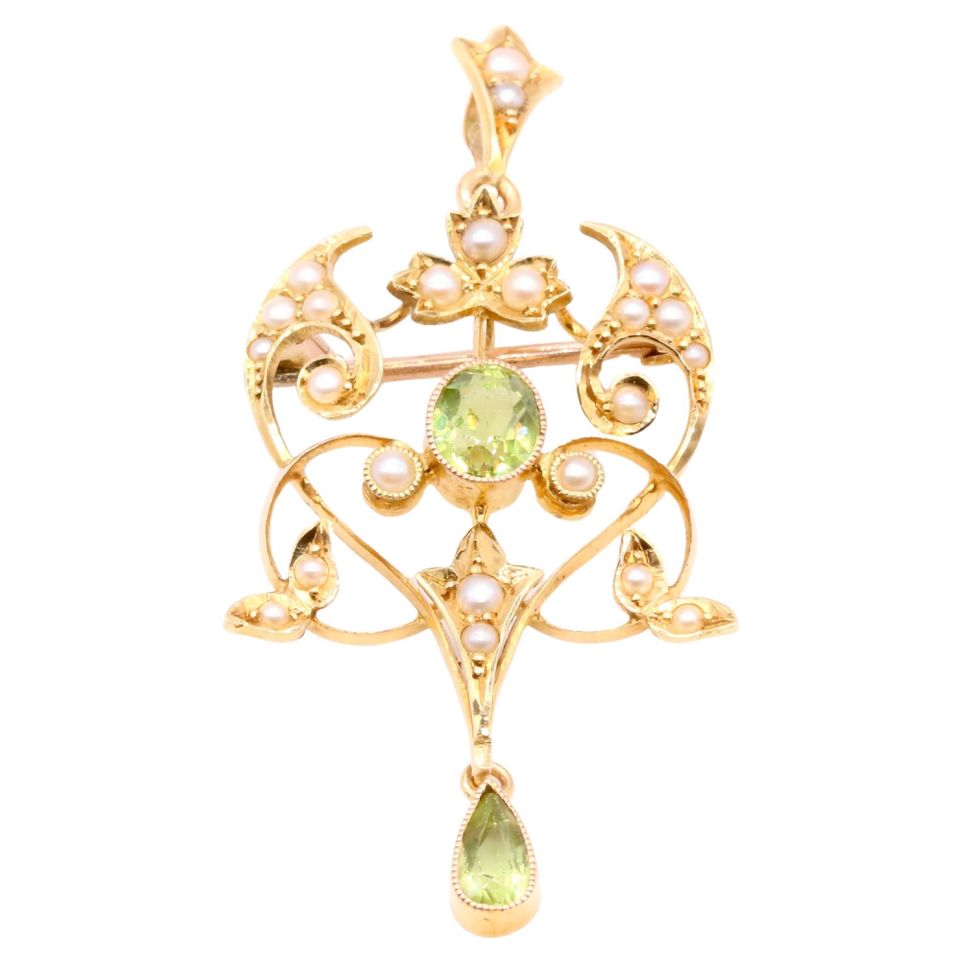 Antique Edwardian 15K Yellow Gold Peridot and Pearl Pendant and Brooch