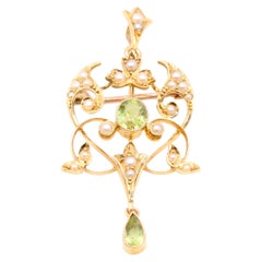 Antique Edwardian 15K Yellow Gold Peridot and Pearl Pendant and Brooch