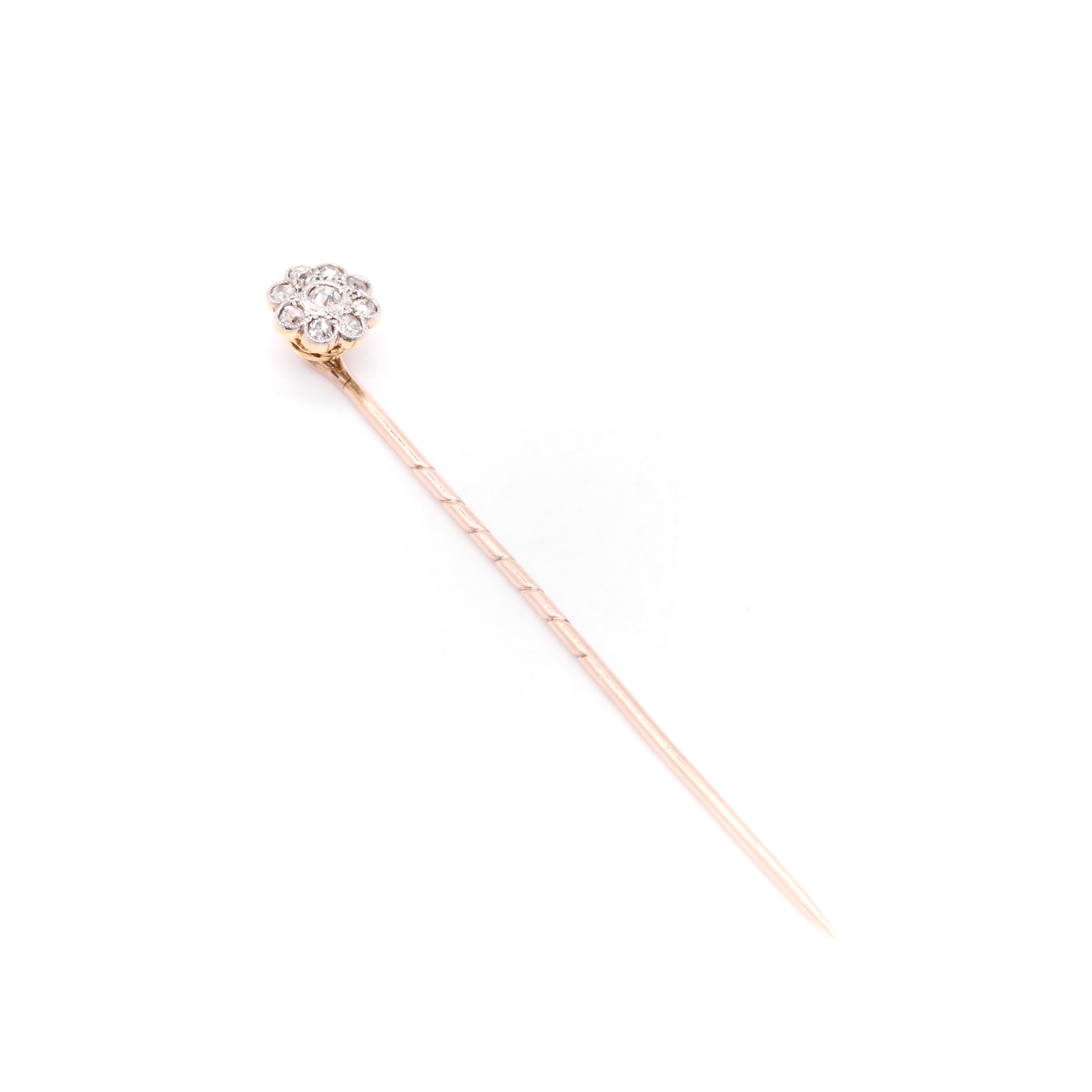 Old European Cut Antique Edwardian 15K Yellow Gold & Platinum Old Cut Diamond Daisy Stick Pin For Sale